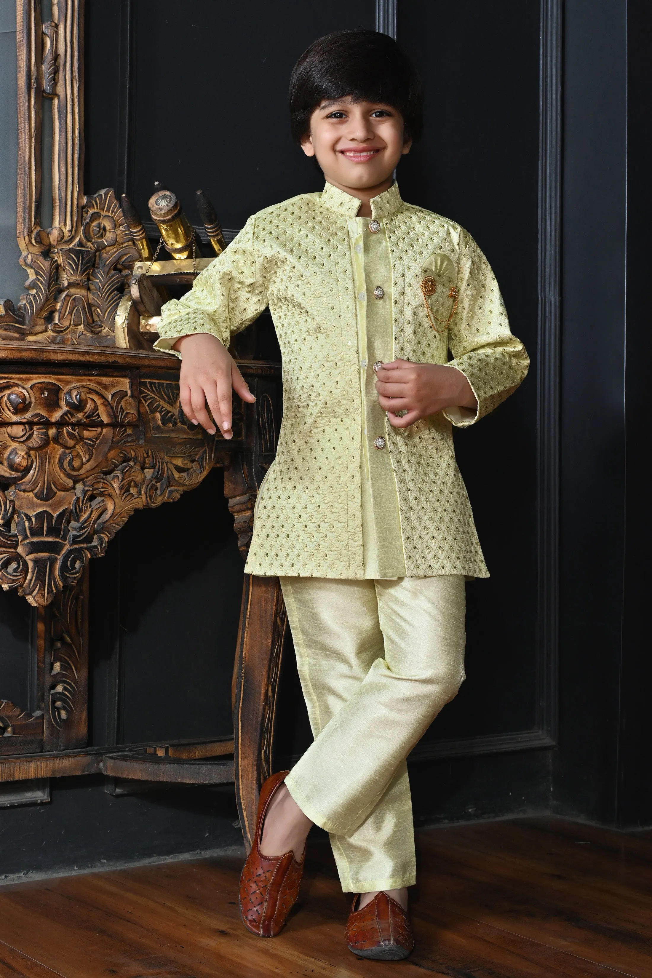 Ahhaaaa Kids Ethnic Silk Blend Indo-Western Sherwani Set For Boys