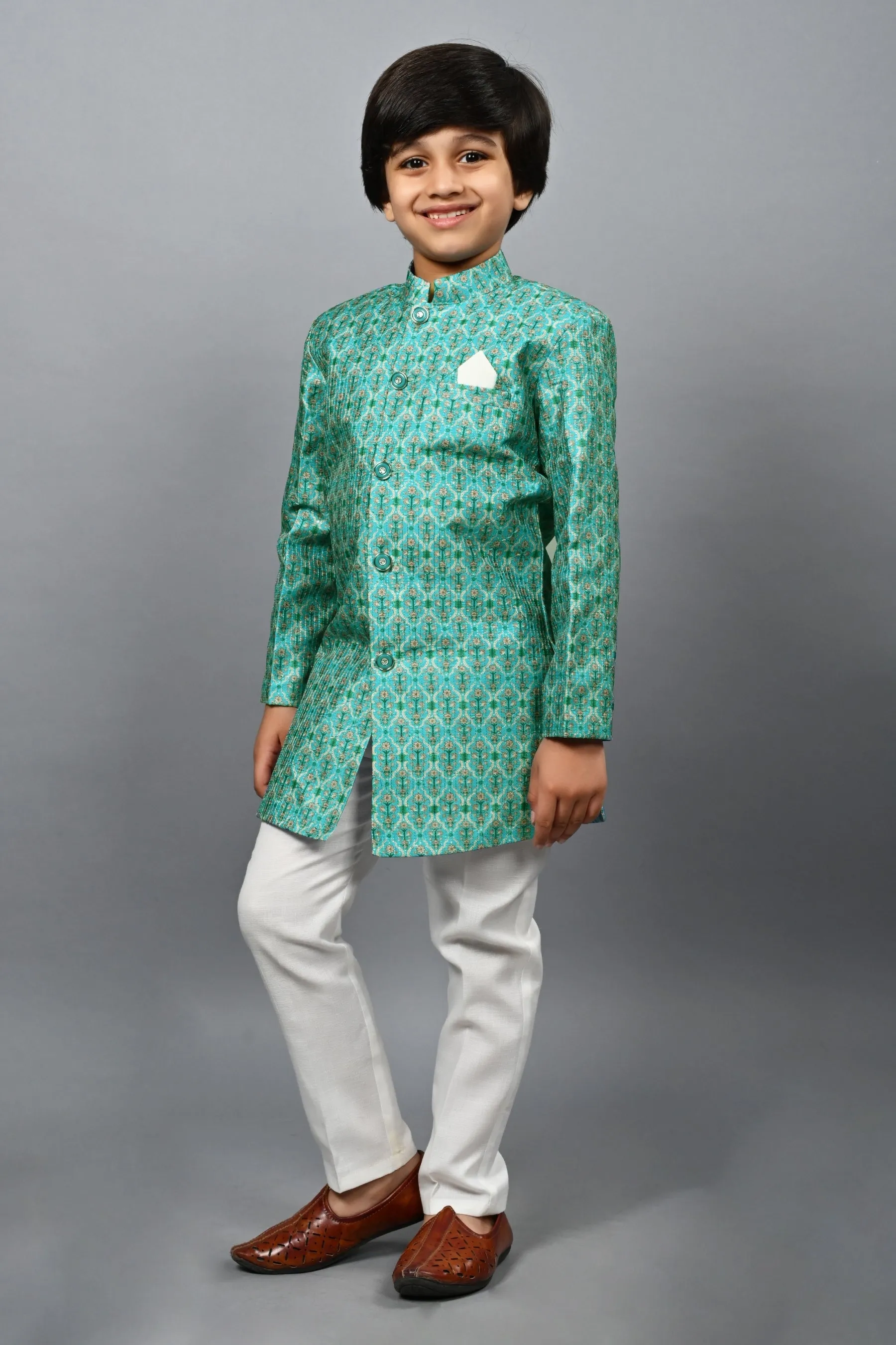 Ahhaaaa Kids Ethnic Silk Blend Indo-Western Sherwani Set For Boys