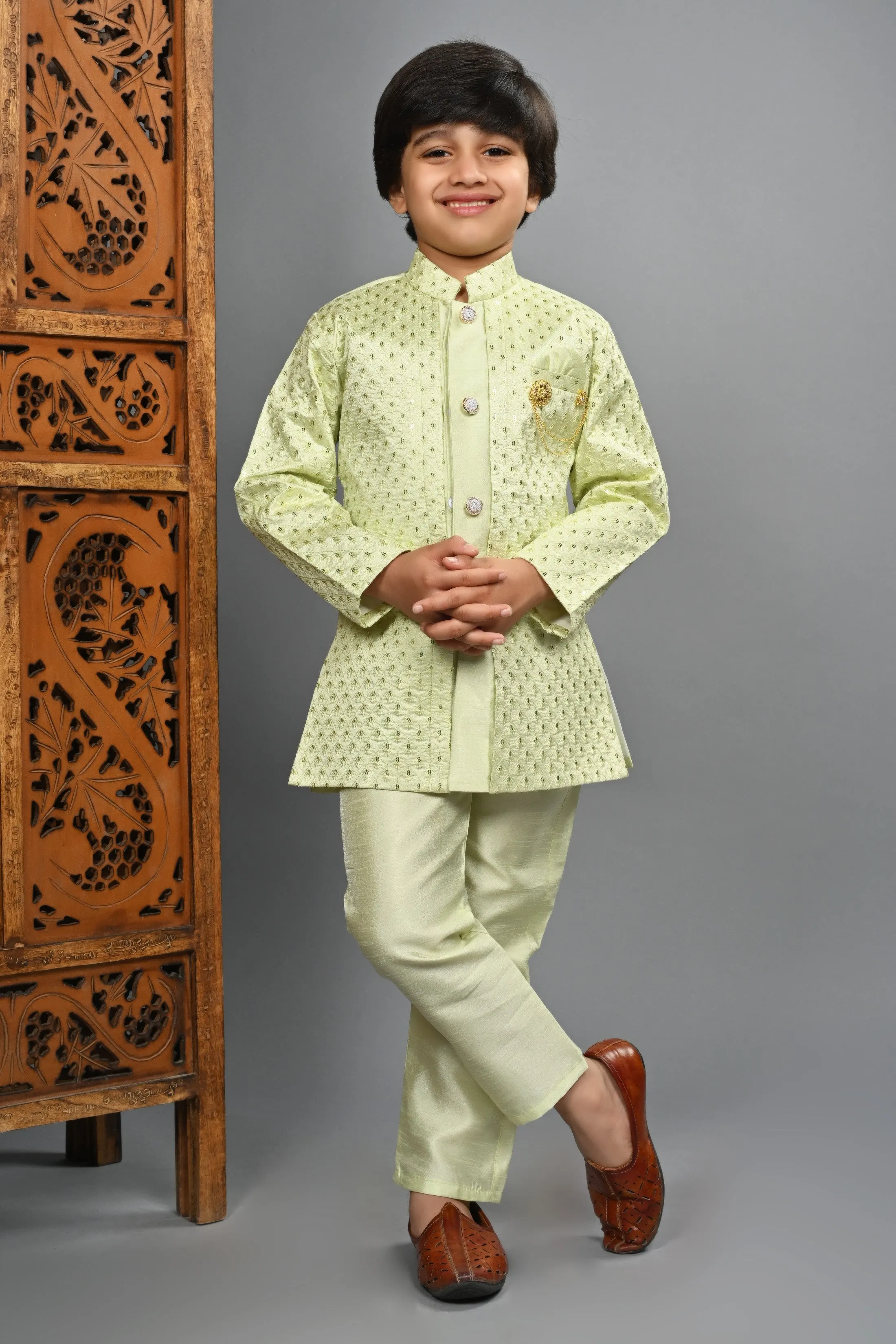 Ahhaaaa Kids Ethnic Silk Blend Indo-Western Sherwani Set For Boys