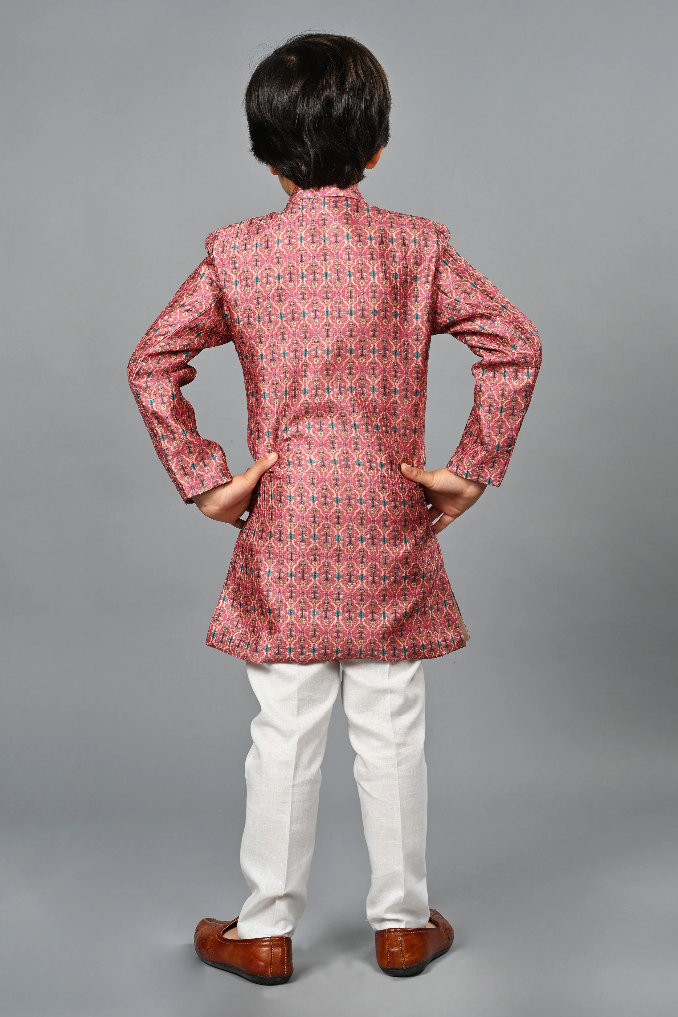 Ahhaaaa Kids Ethnic Silk Blend Indo-Western Sherwani Set For Boys