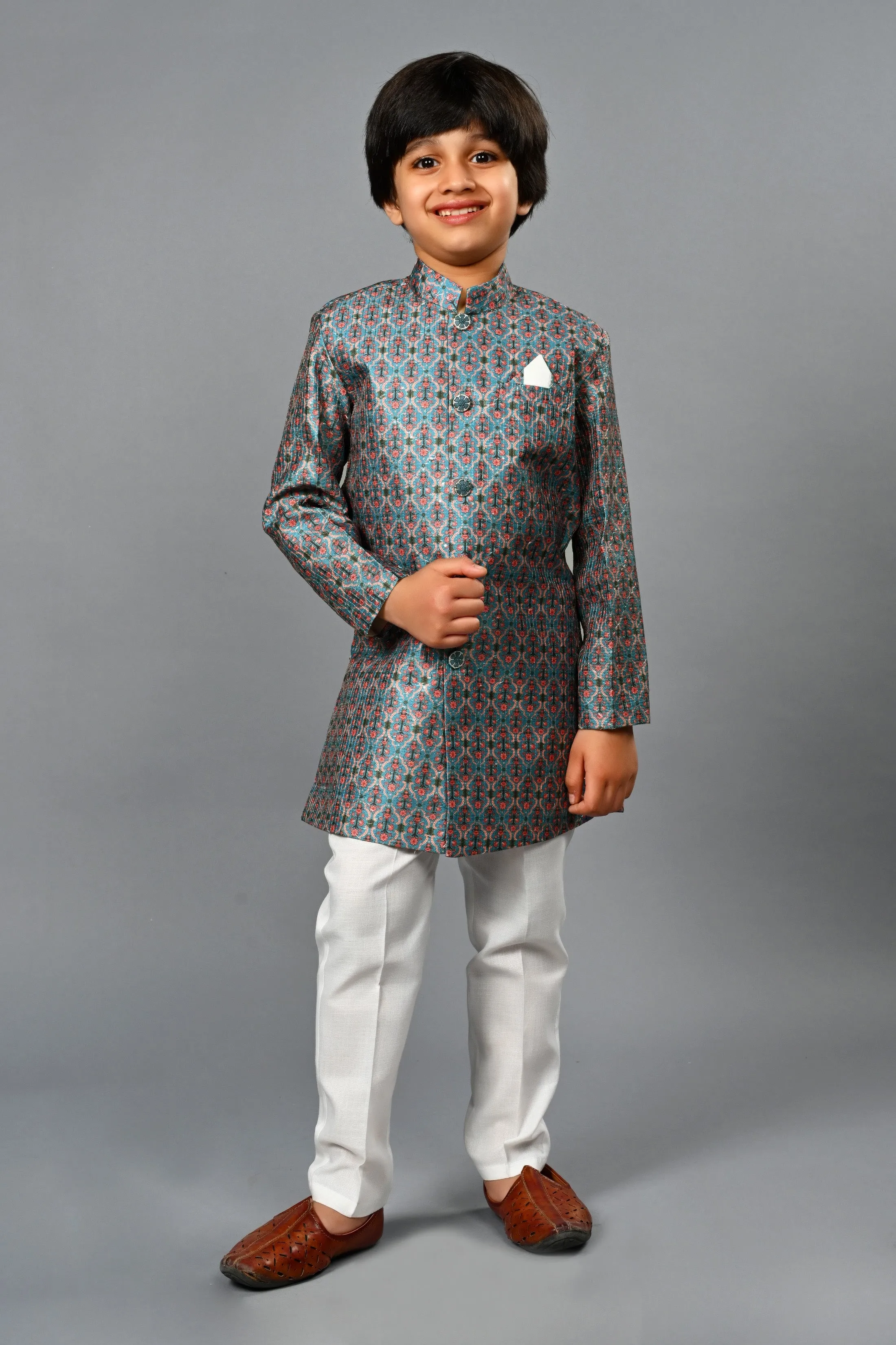 Ahhaaaa Kids Ethnic Silk Blend Indo-Western Sherwani Set For Boys