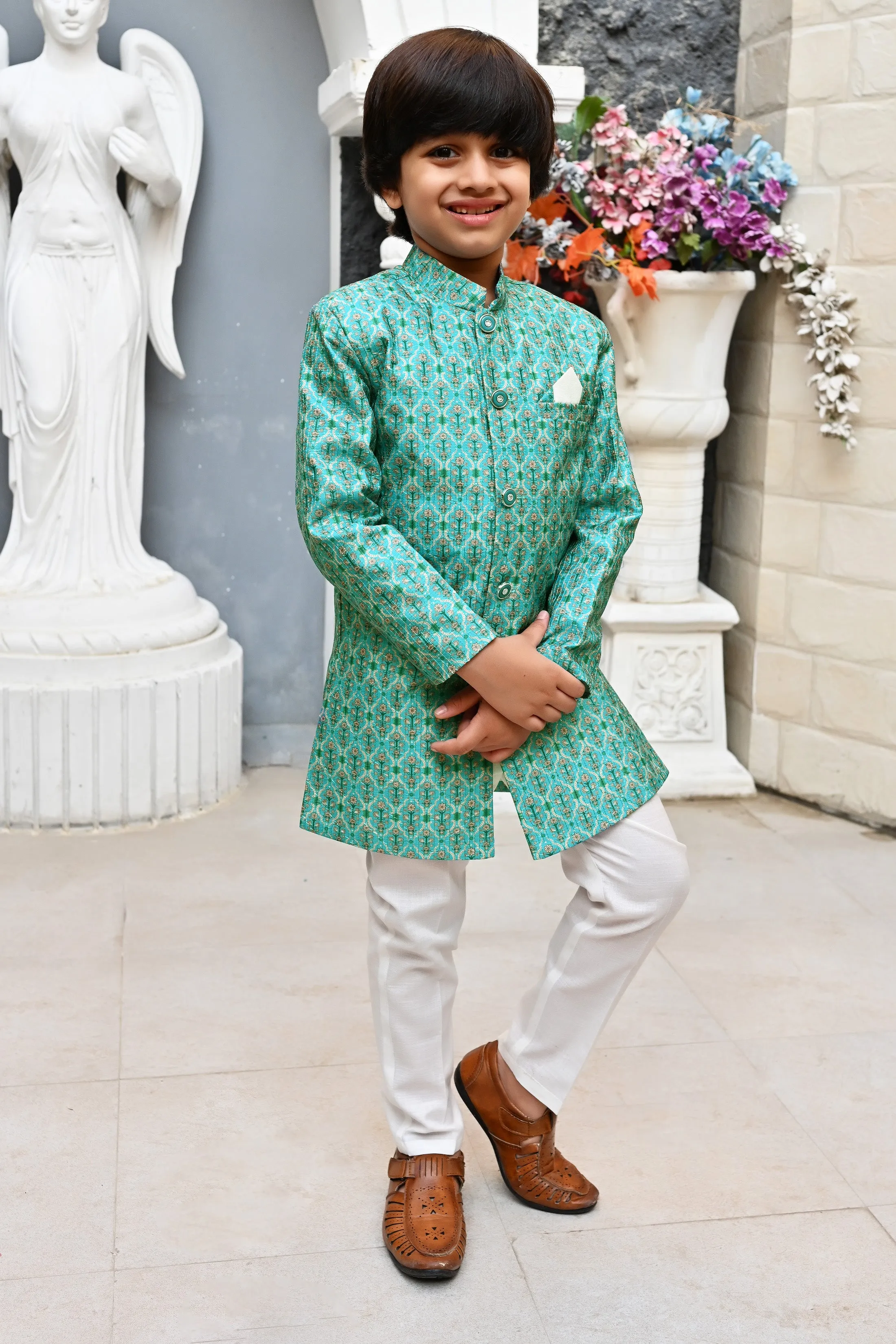 Ahhaaaa Kids Ethnic Silk Blend Indo-Western Sherwani Set For Boys