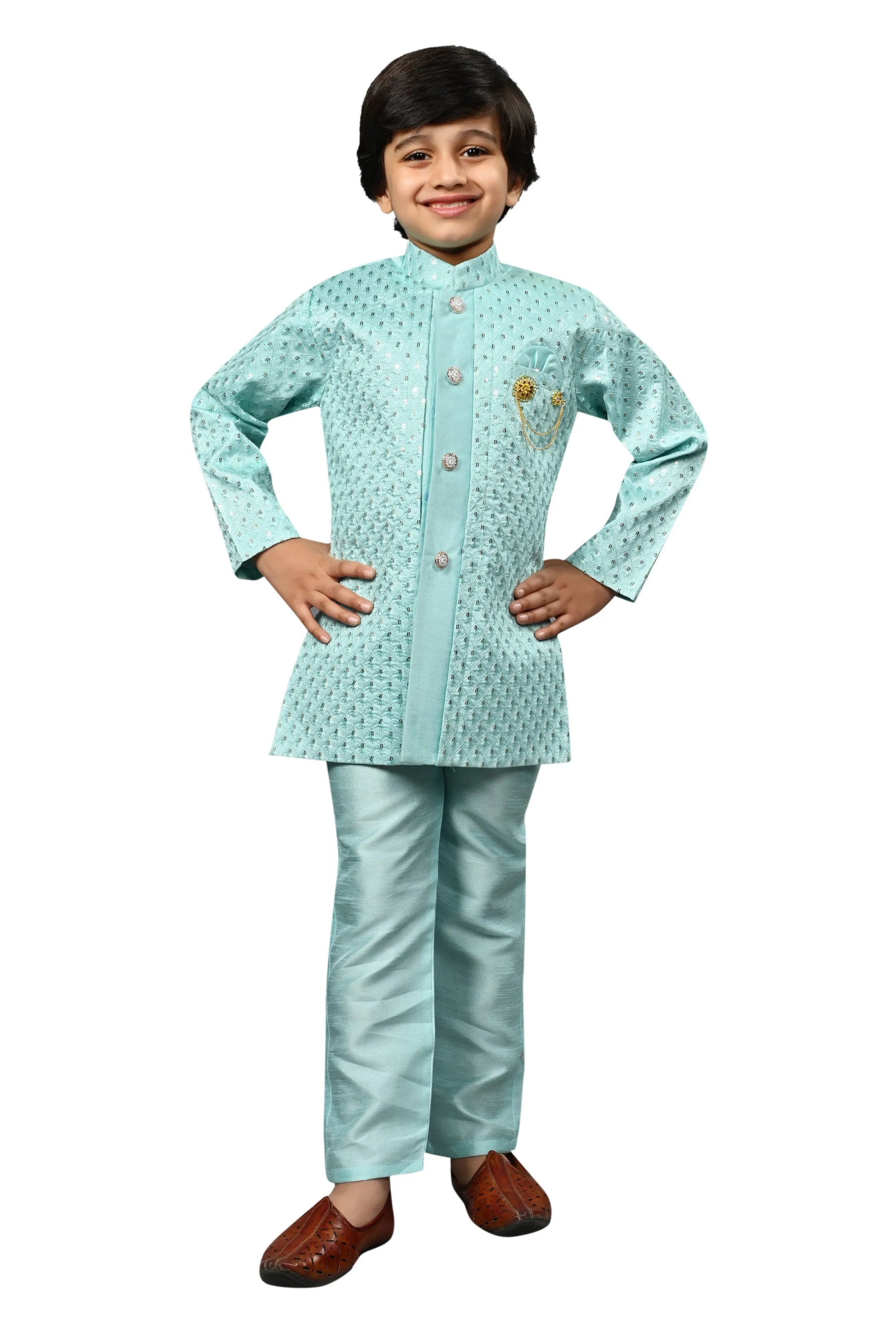 Ahhaaaa Kids Ethnic Silk Blend Indo-Western Sherwani Set For Boys