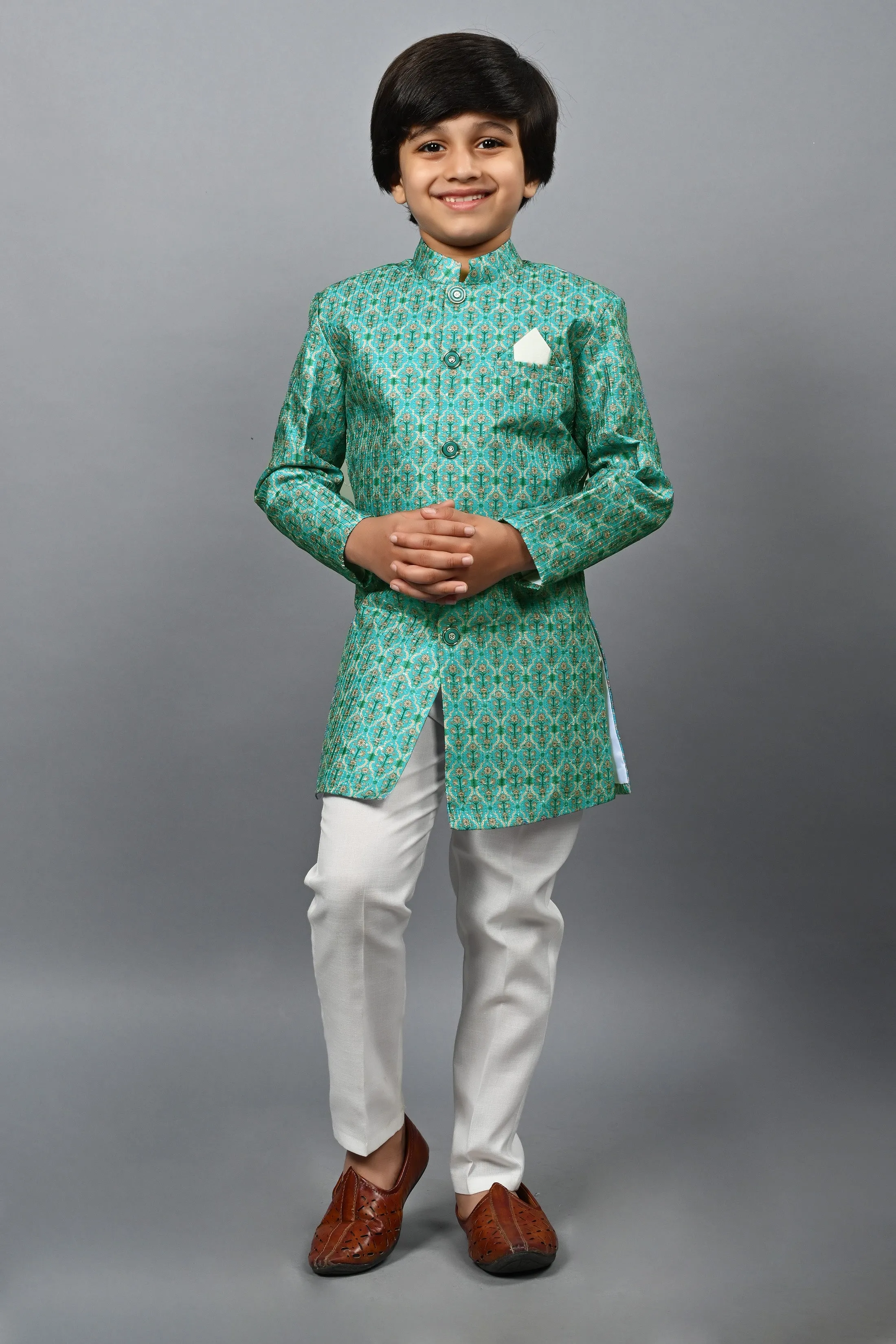 Ahhaaaa Kids Ethnic Silk Blend Indo-Western Sherwani Set For Boys