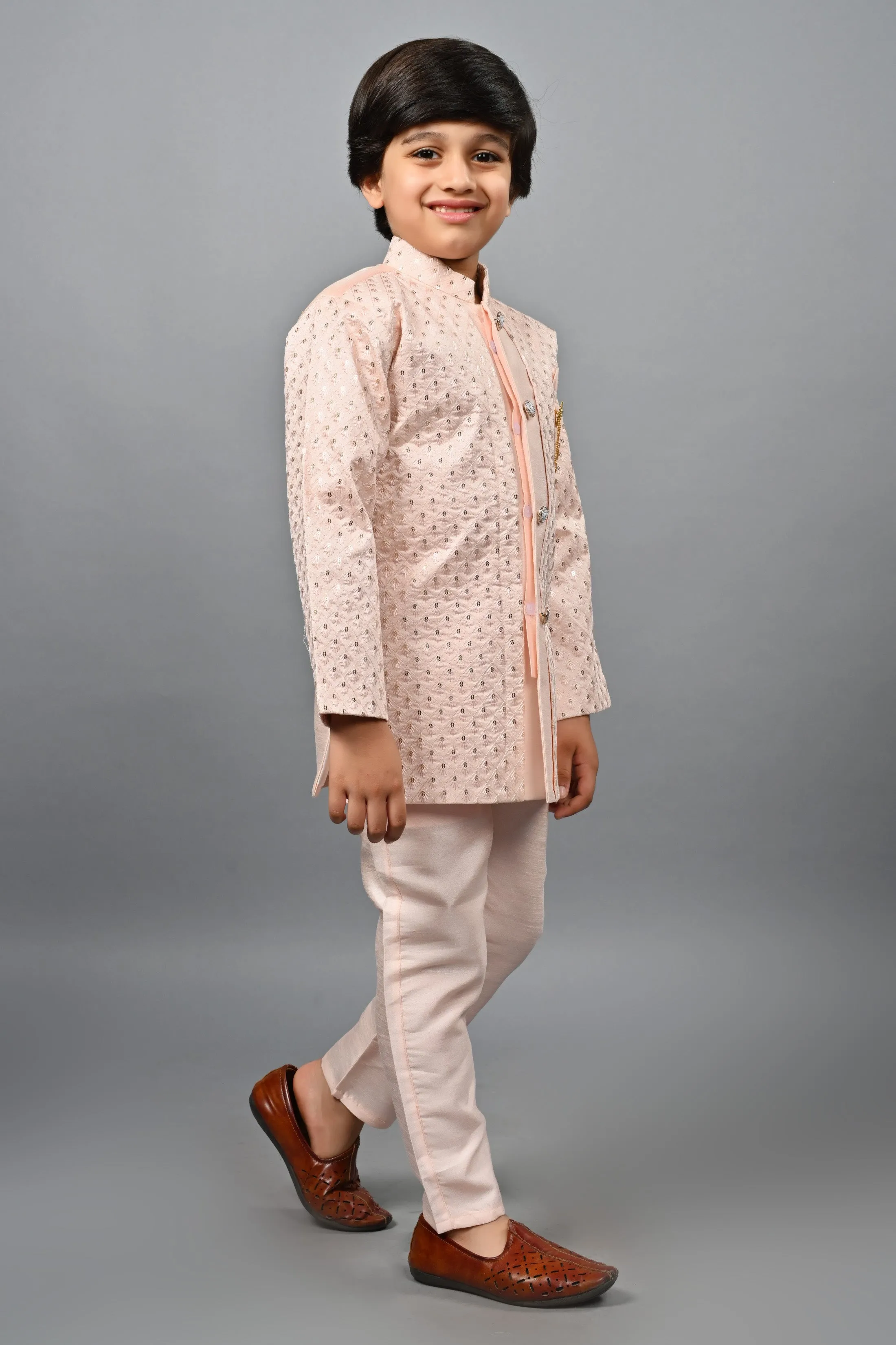 Ahhaaaa Kids Ethnic Silk Blend Indo-Western Sherwani Set For Boys