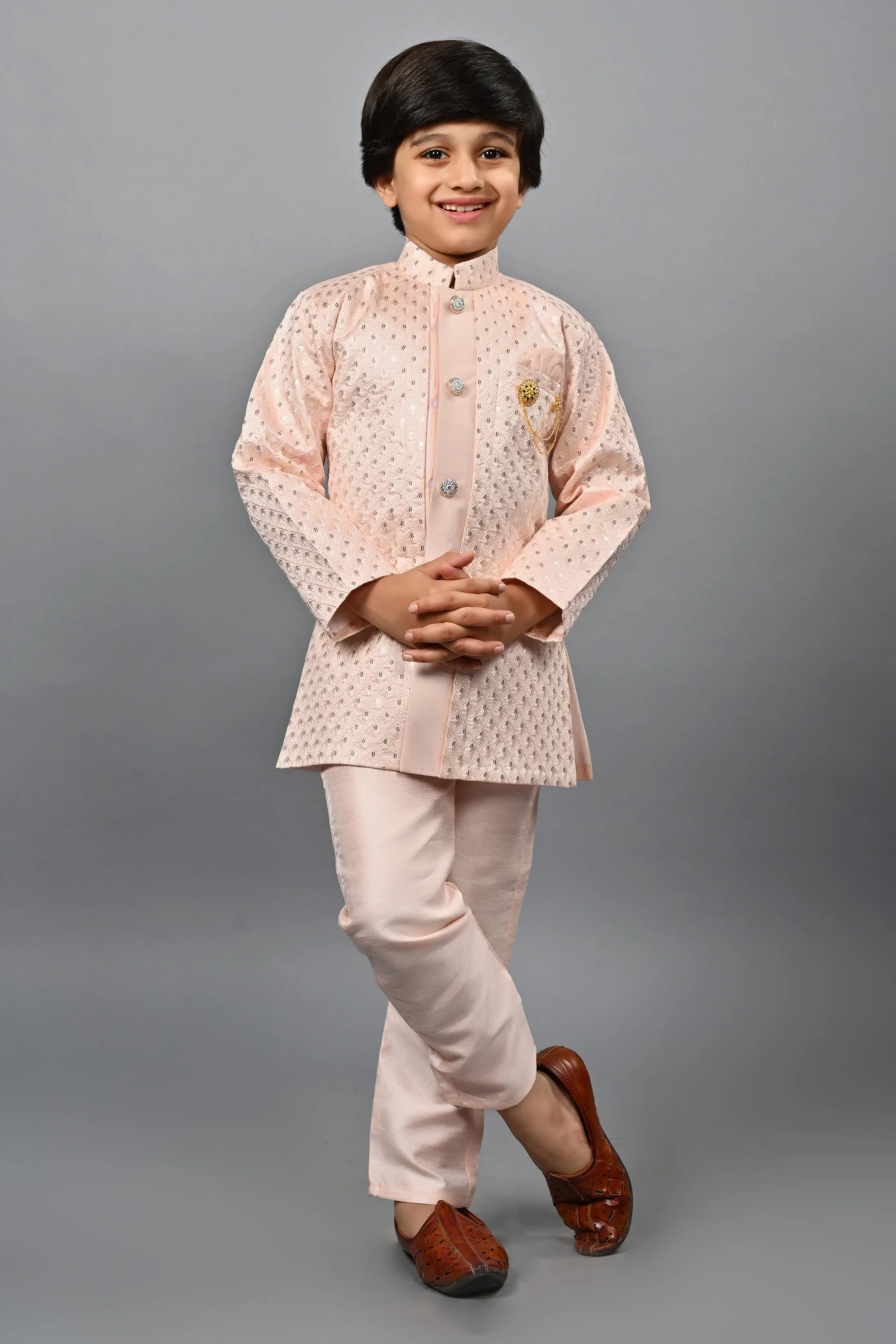 Ahhaaaa Kids Ethnic Silk Blend Indo-Western Sherwani Set For Boys