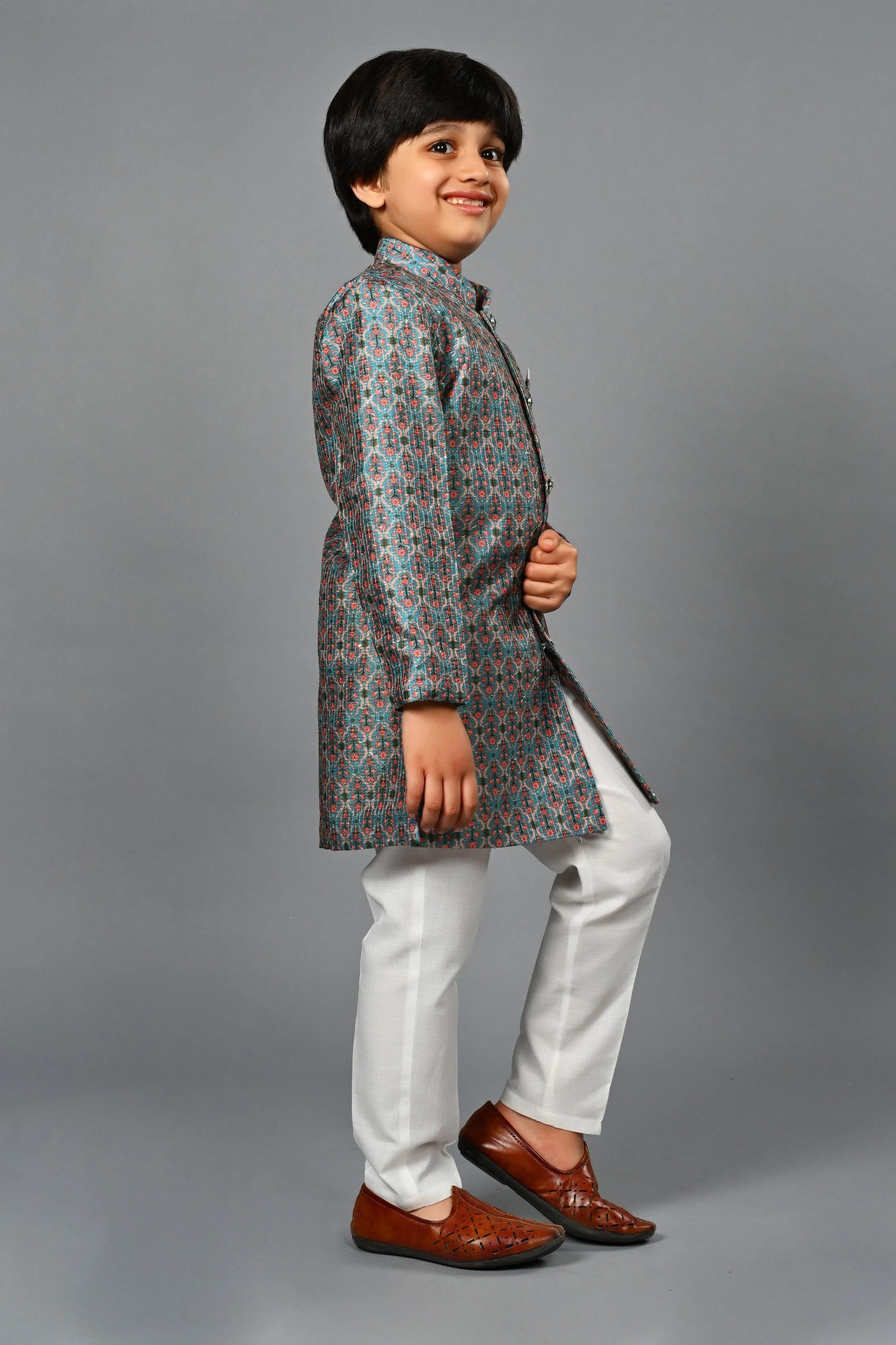 Ahhaaaa Kids Ethnic Silk Blend Indo-Western Sherwani Set For Boys