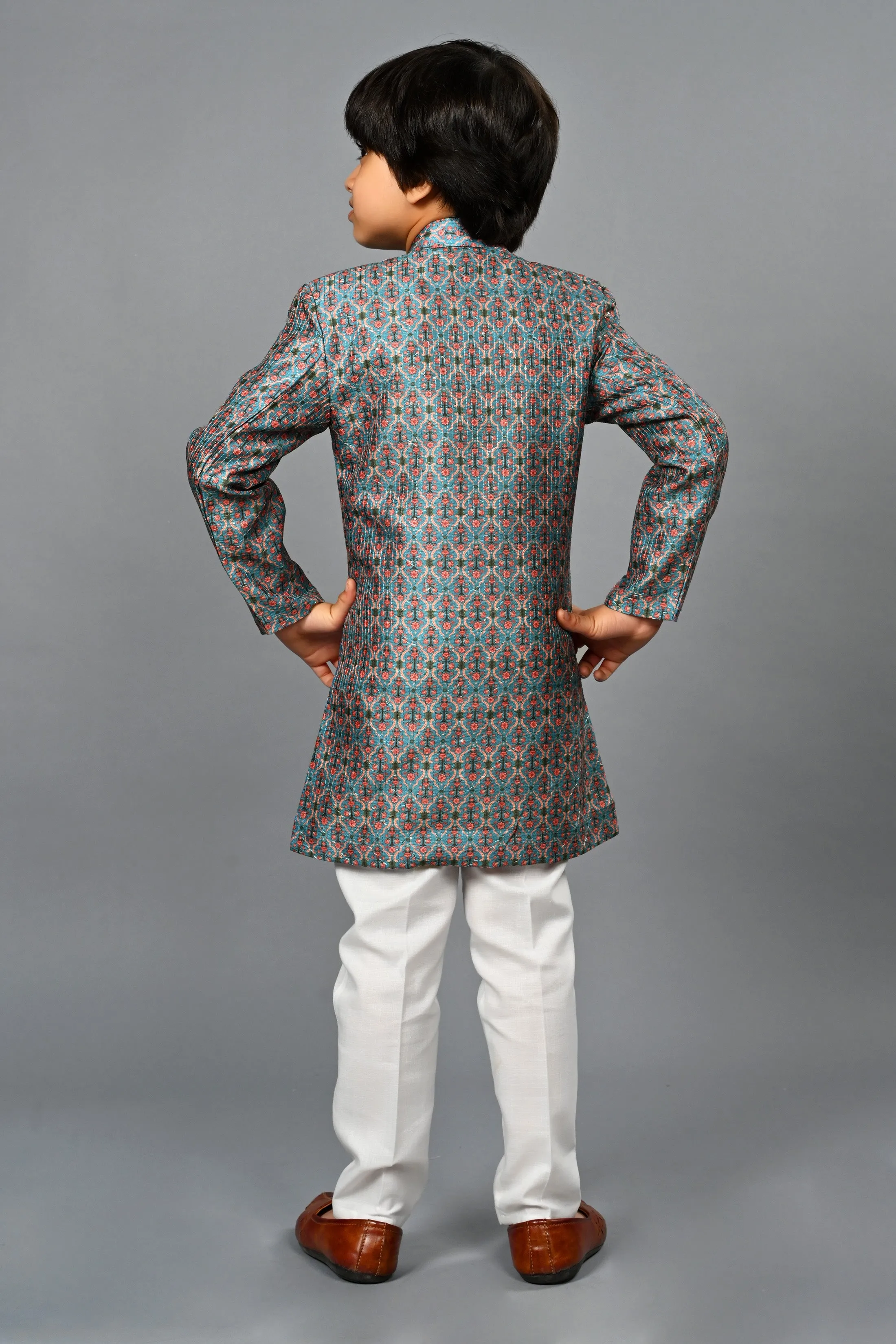 Ahhaaaa Kids Ethnic Silk Blend Indo-Western Sherwani Set For Boys