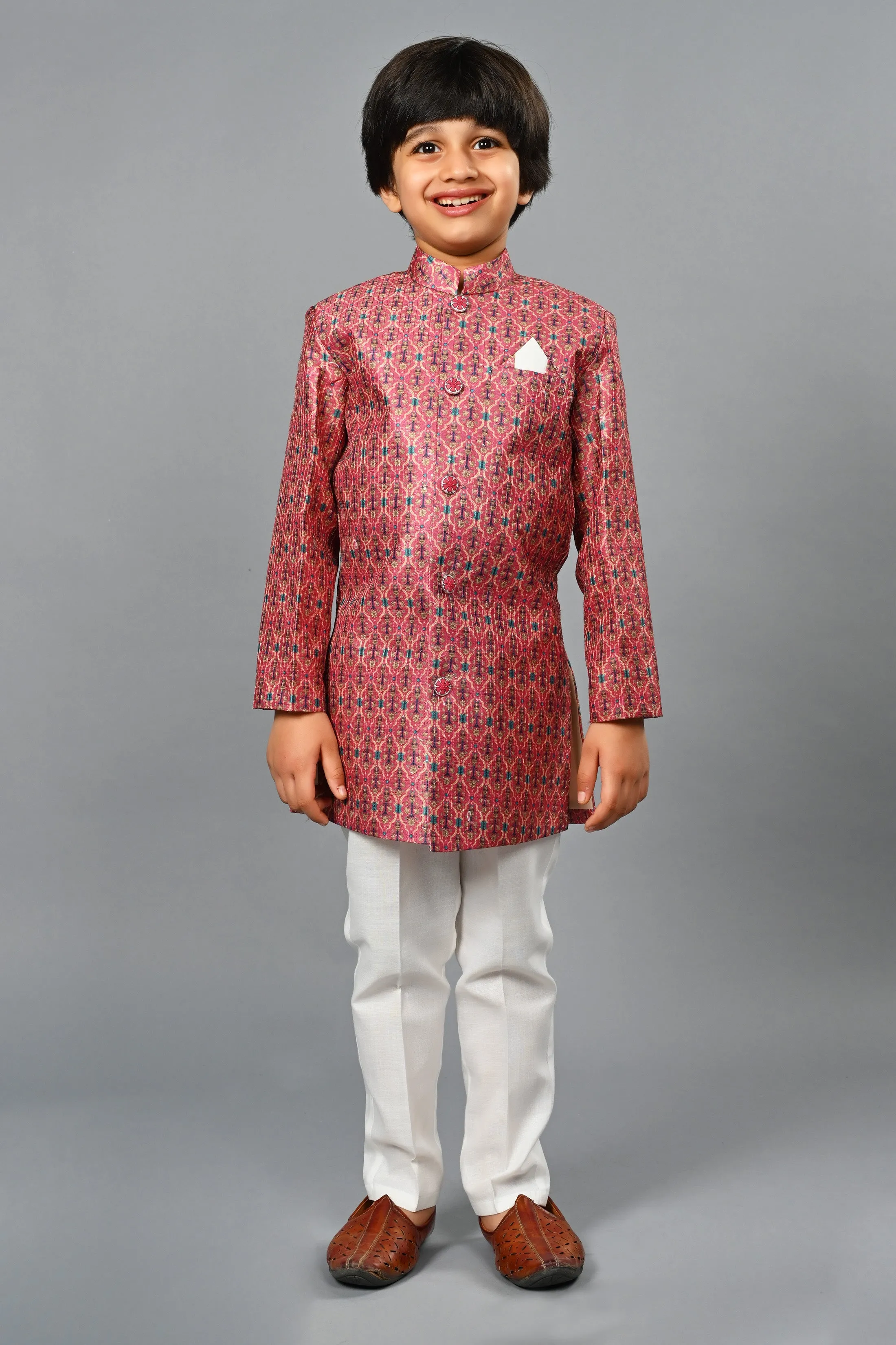 Ahhaaaa Kids Ethnic Silk Blend Indo-Western Sherwani Set For Boys