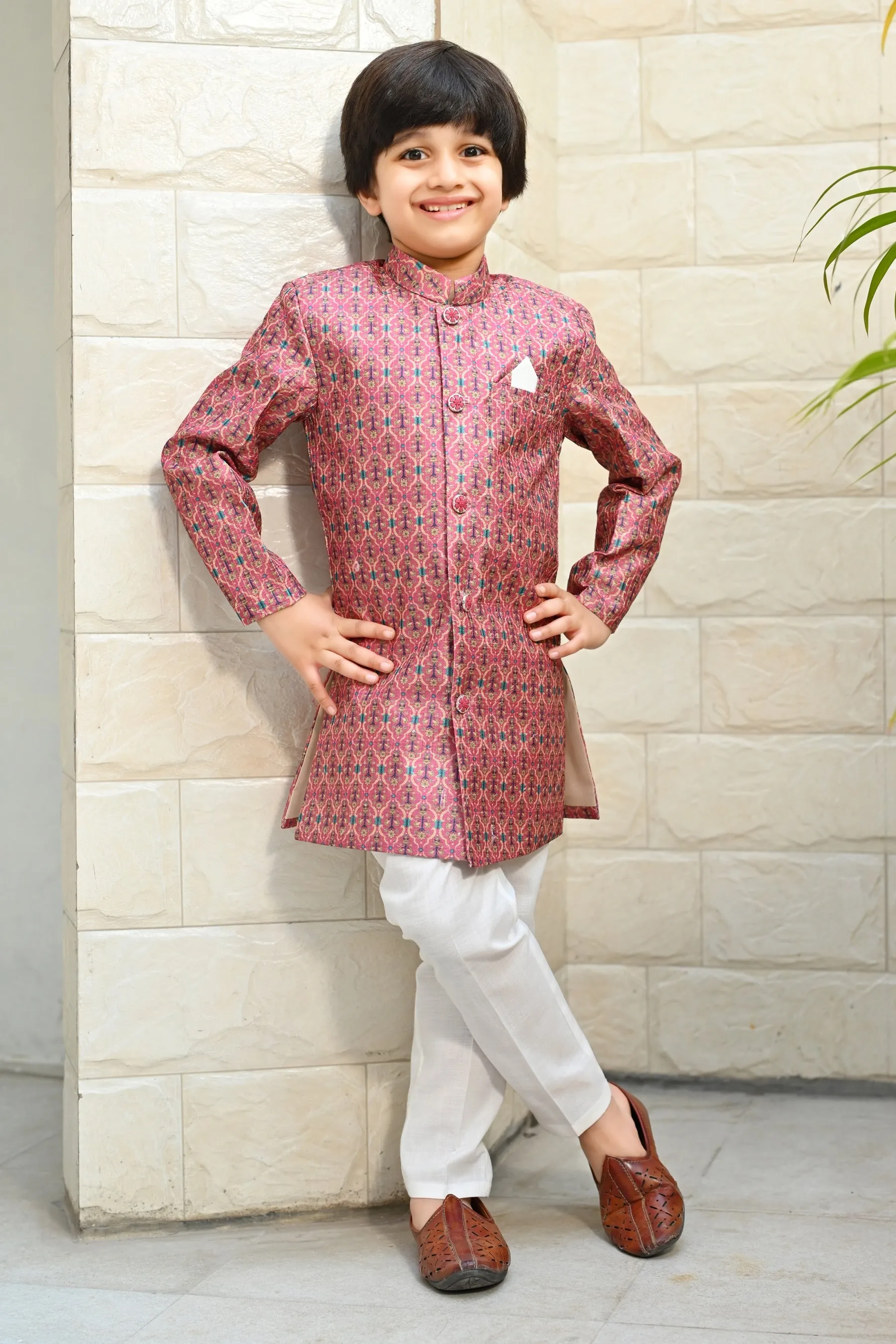 Ahhaaaa Kids Ethnic Silk Blend Indo-Western Sherwani Set For Boys