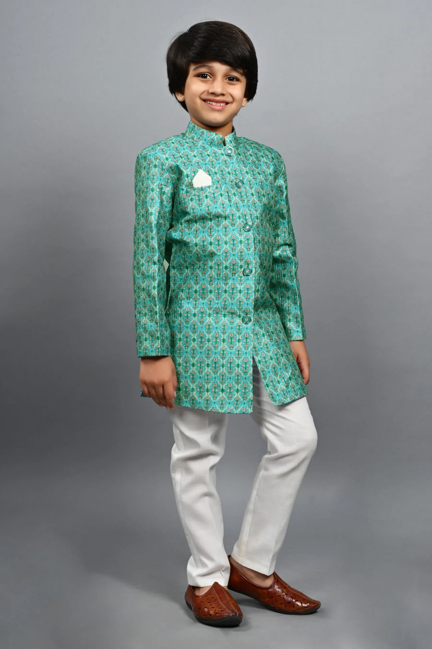 Ahhaaaa Kids Ethnic Silk Blend Indo-Western Sherwani Set For Boys