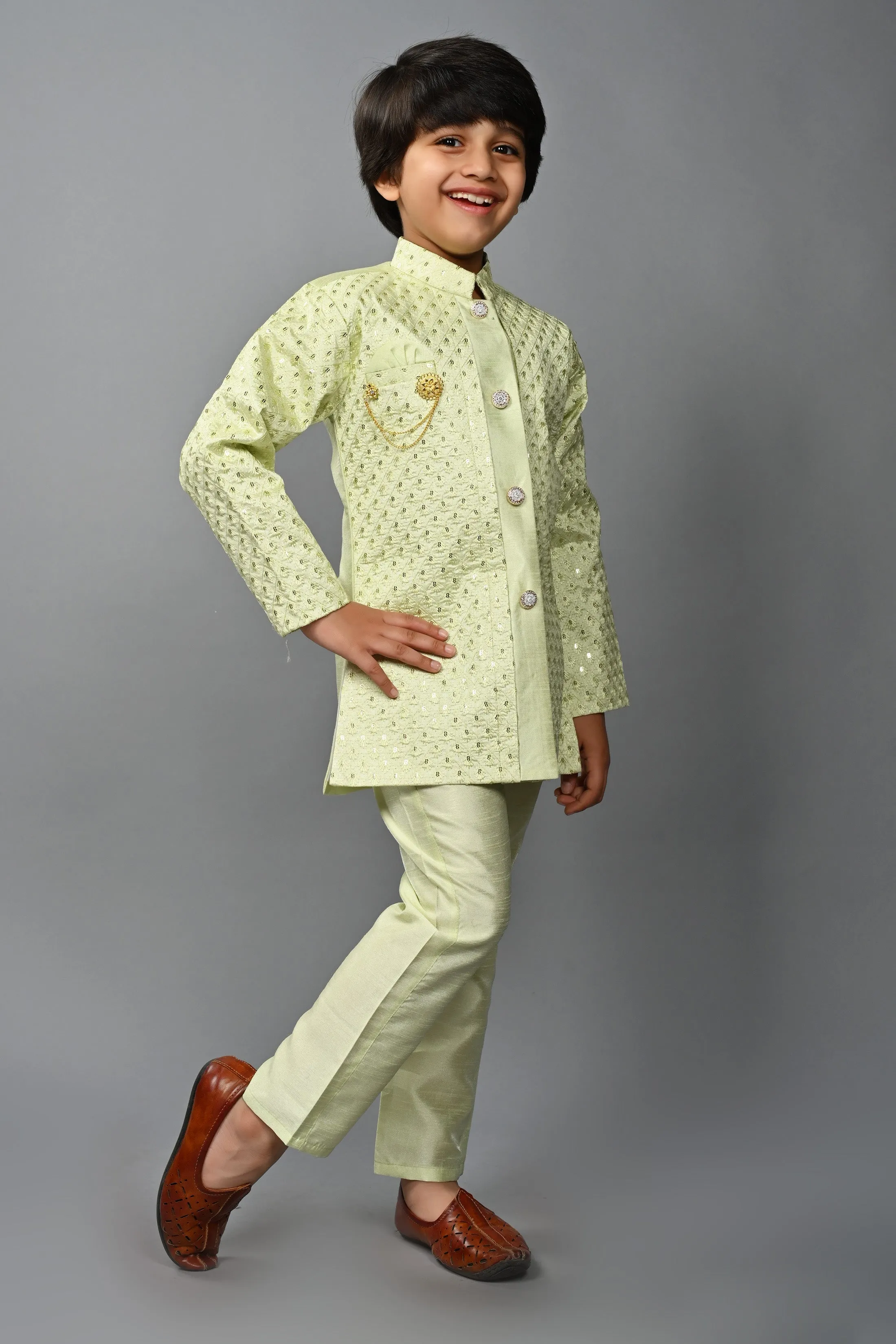 Ahhaaaa Kids Ethnic Silk Blend Indo-Western Sherwani Set For Boys