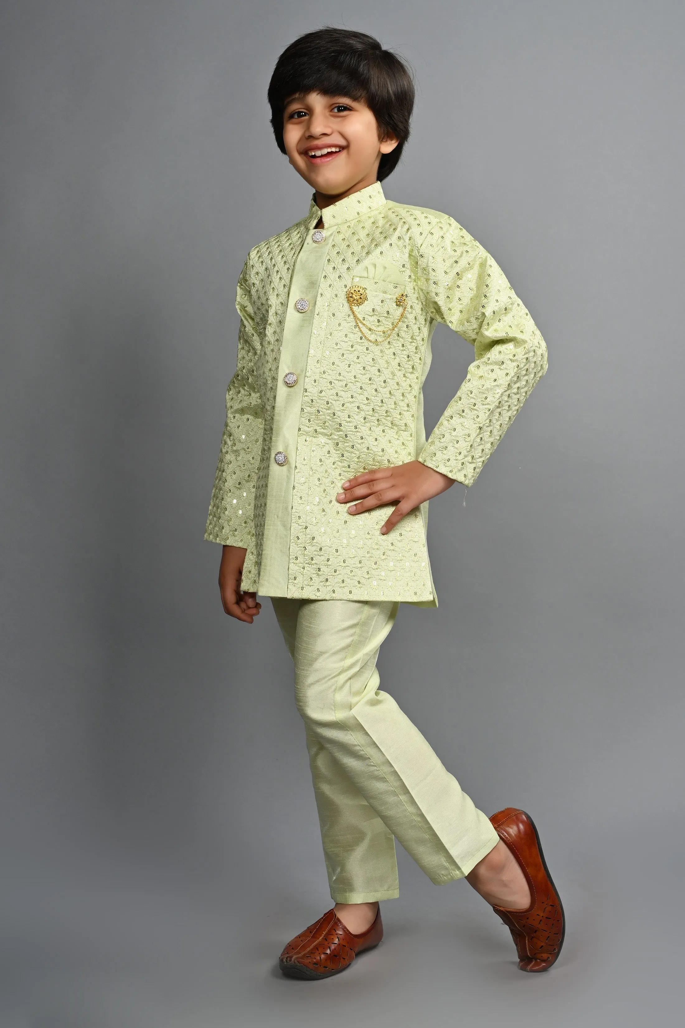 Ahhaaaa Kids Ethnic Silk Blend Indo-Western Sherwani Set For Boys