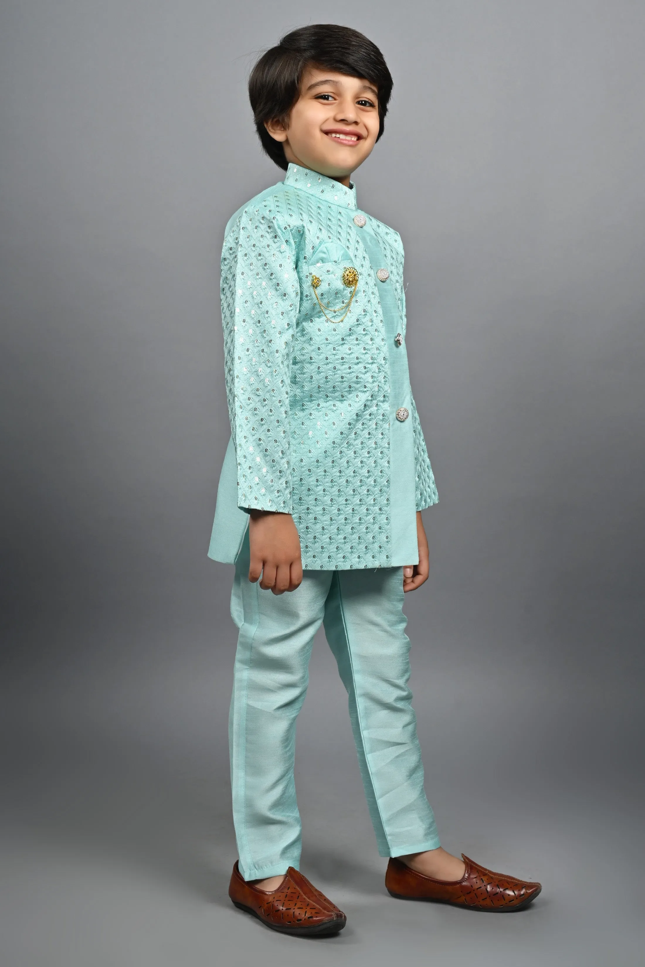 Ahhaaaa Kids Ethnic Silk Blend Indo-Western Sherwani Set For Boys