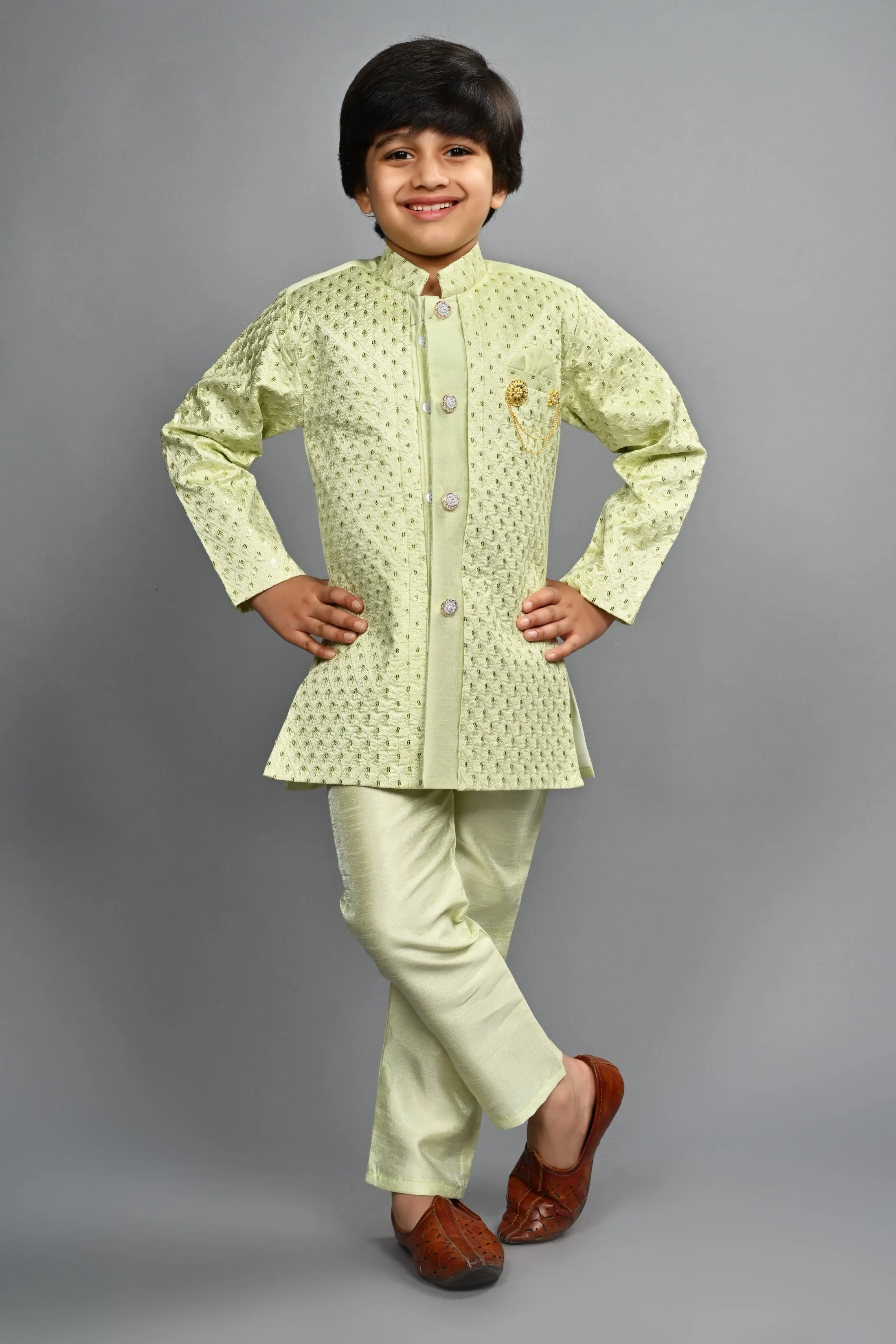 Ahhaaaa Kids Ethnic Silk Blend Indo-Western Sherwani Set For Boys