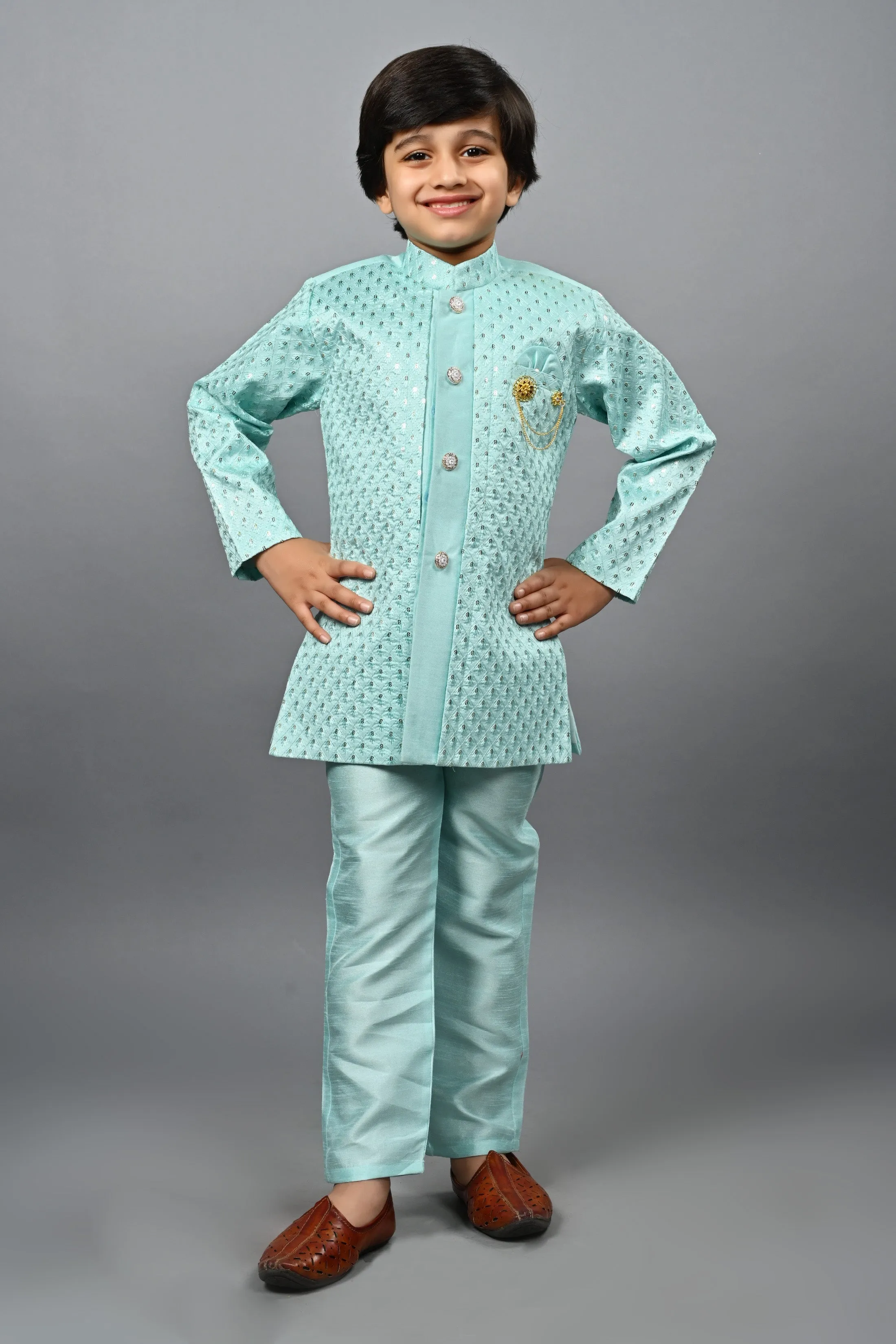 Ahhaaaa Kids Ethnic Silk Blend Indo-Western Sherwani Set For Boys