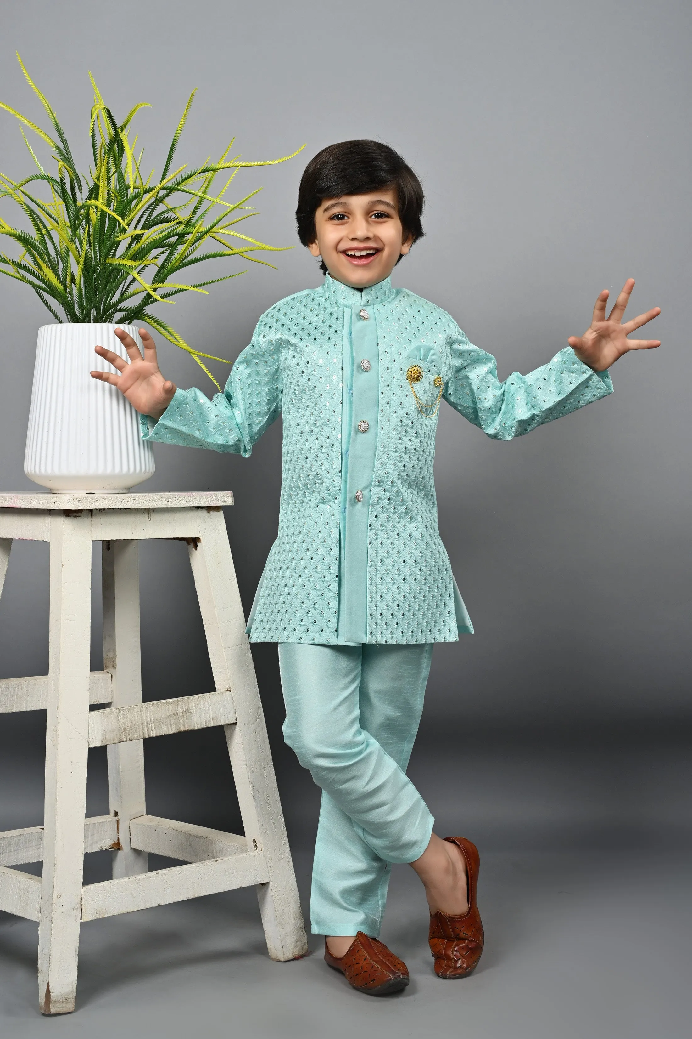 Ahhaaaa Kids Ethnic Silk Blend Indo-Western Sherwani Set For Boys