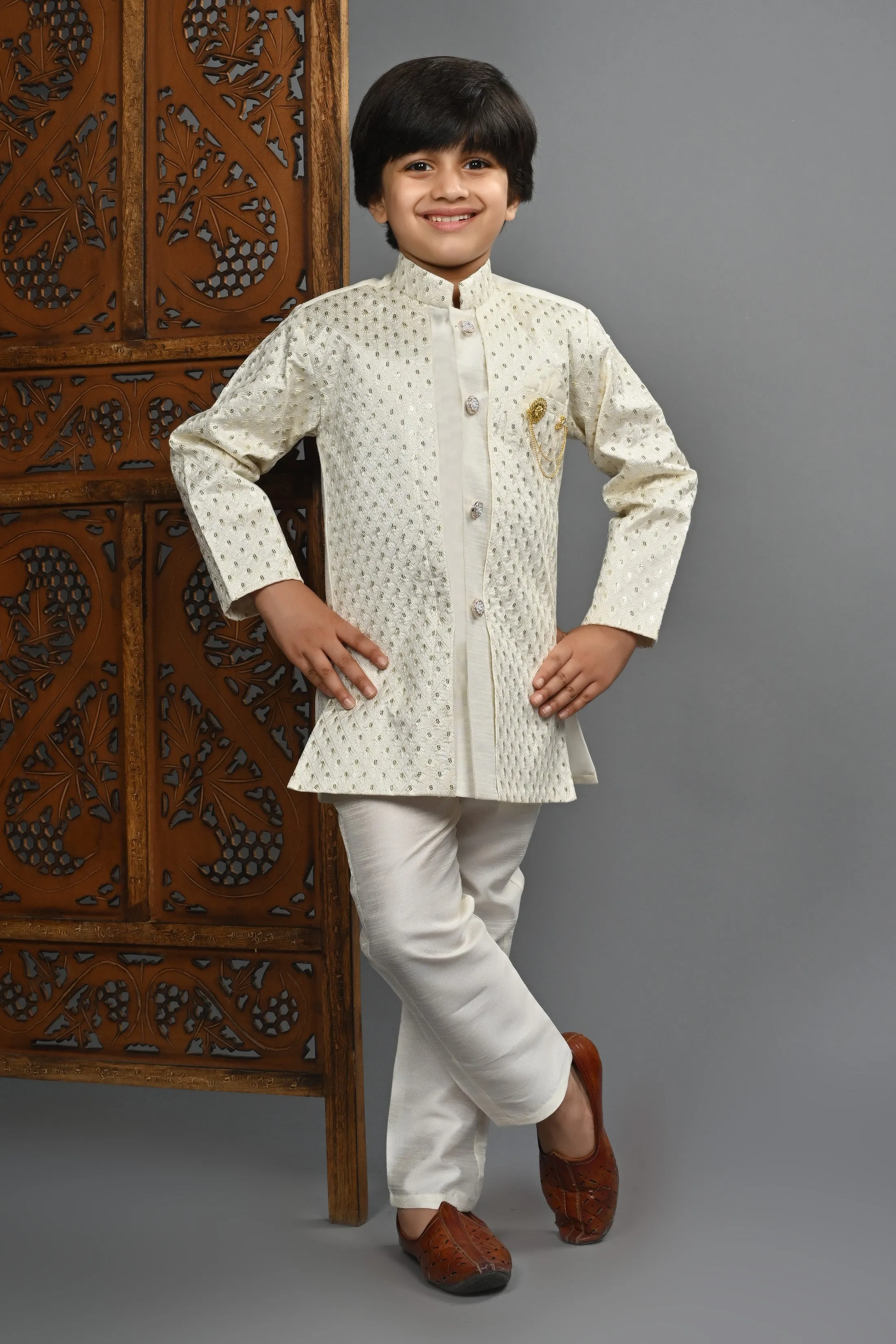 Ahhaaaa Kids Ethnic Silk Blend Indo-Western Sherwani Set For Boys