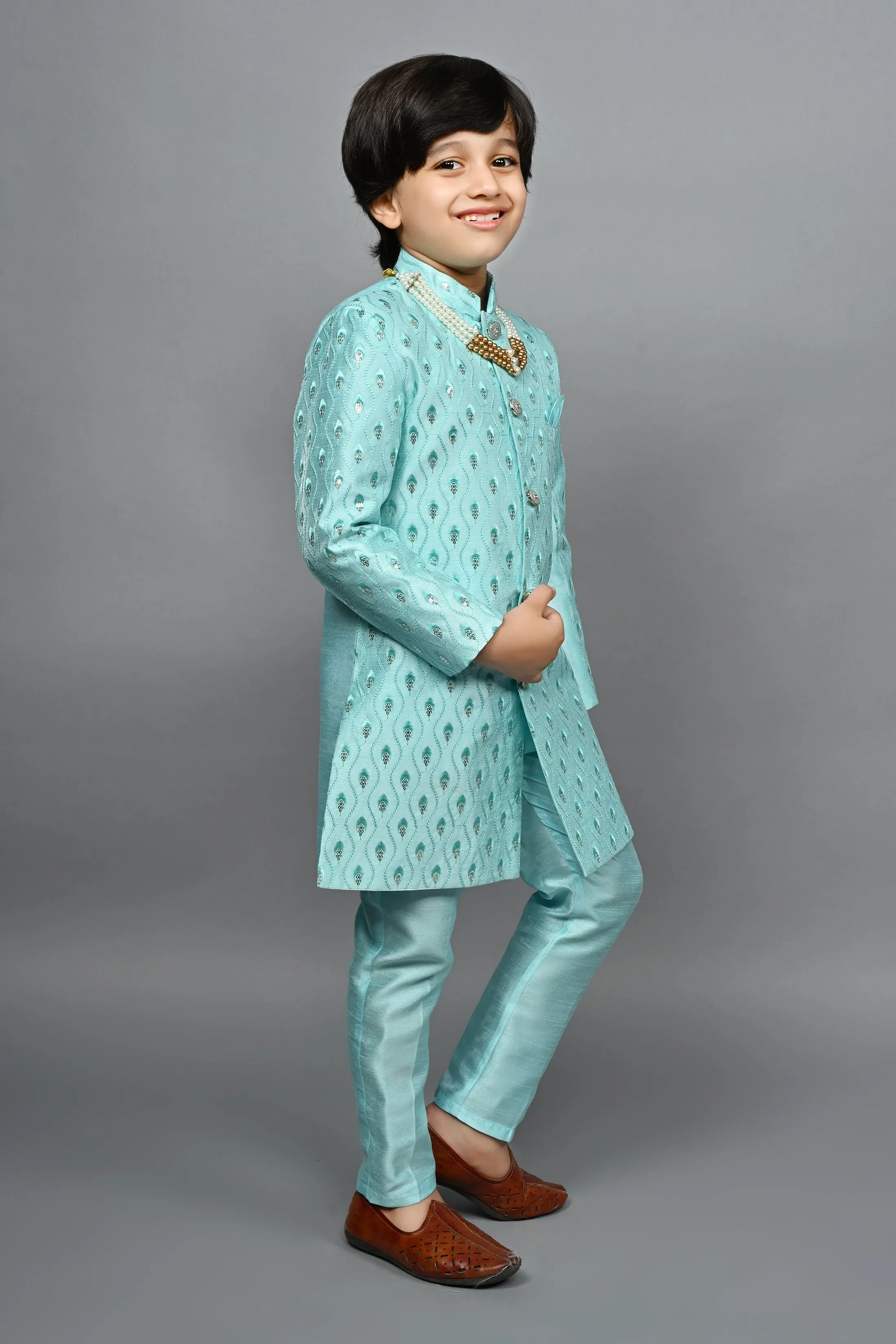 Ahhaaaa Kids Ethnic Silk Blend traditional Wear Sequin Print Indo-Western Sherwani Set For Boys