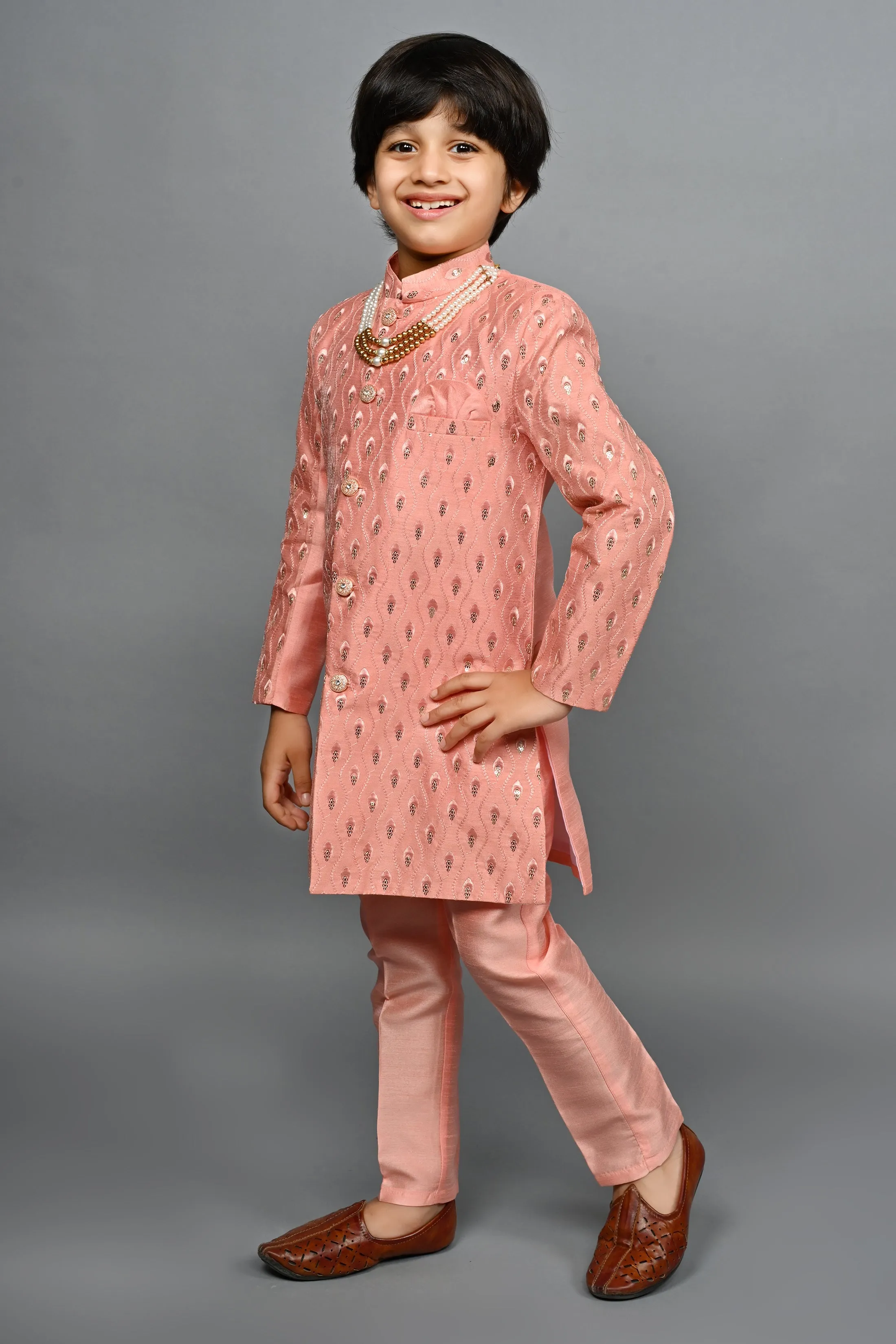 Ahhaaaa Kids Ethnic Silk Blend traditional Wear Sequin Print Indo-Western Sherwani Set For Boys