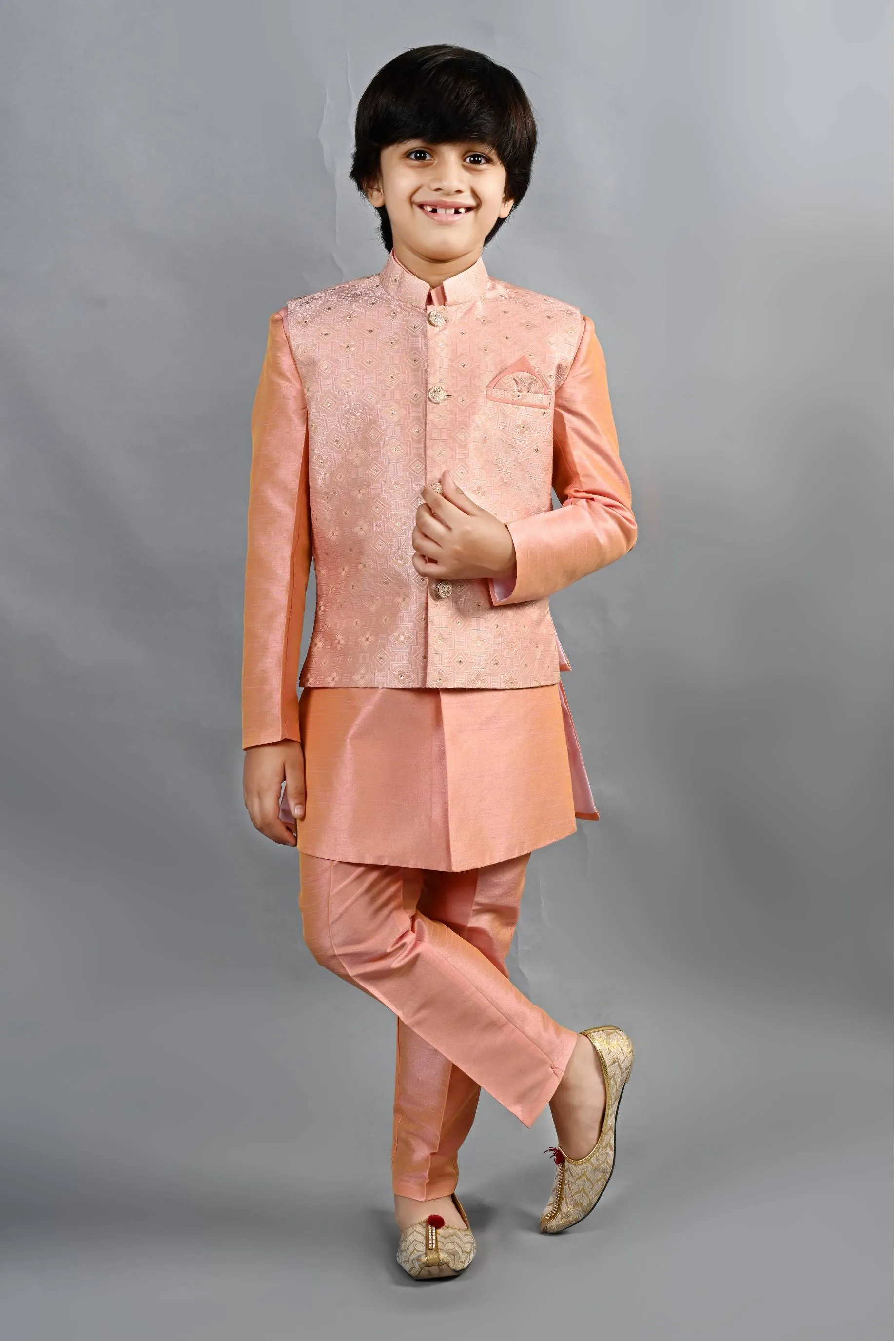 Ahhaaaa Kids Ethnic Silk Blend Waistcoat Kurta Pyjama 3 Piece Sherwani Set For Boys