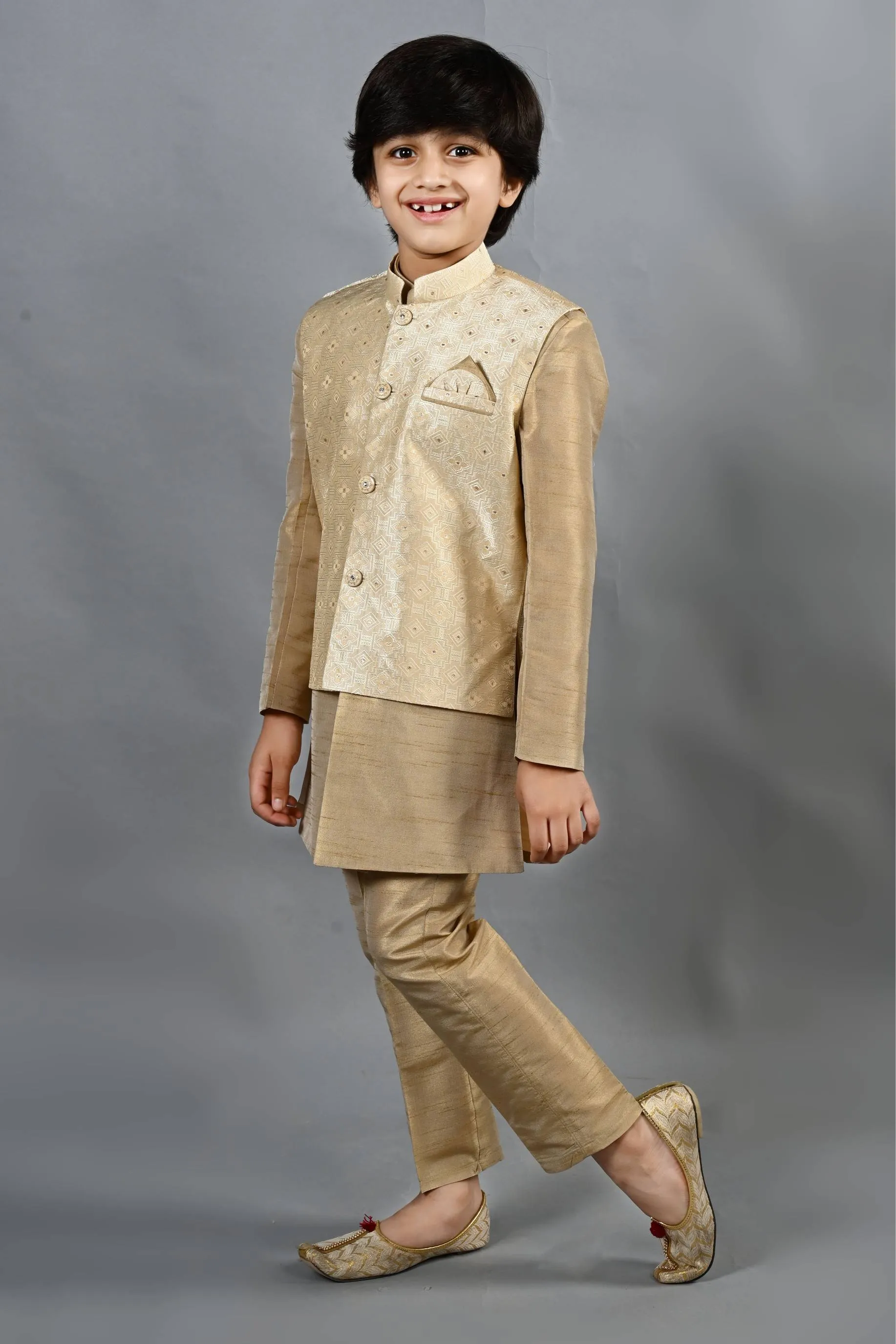 Ahhaaaa Kids Ethnic Silk Blend Waistcoat Kurta Pyjama 3 Piece Sherwani Set For Boys