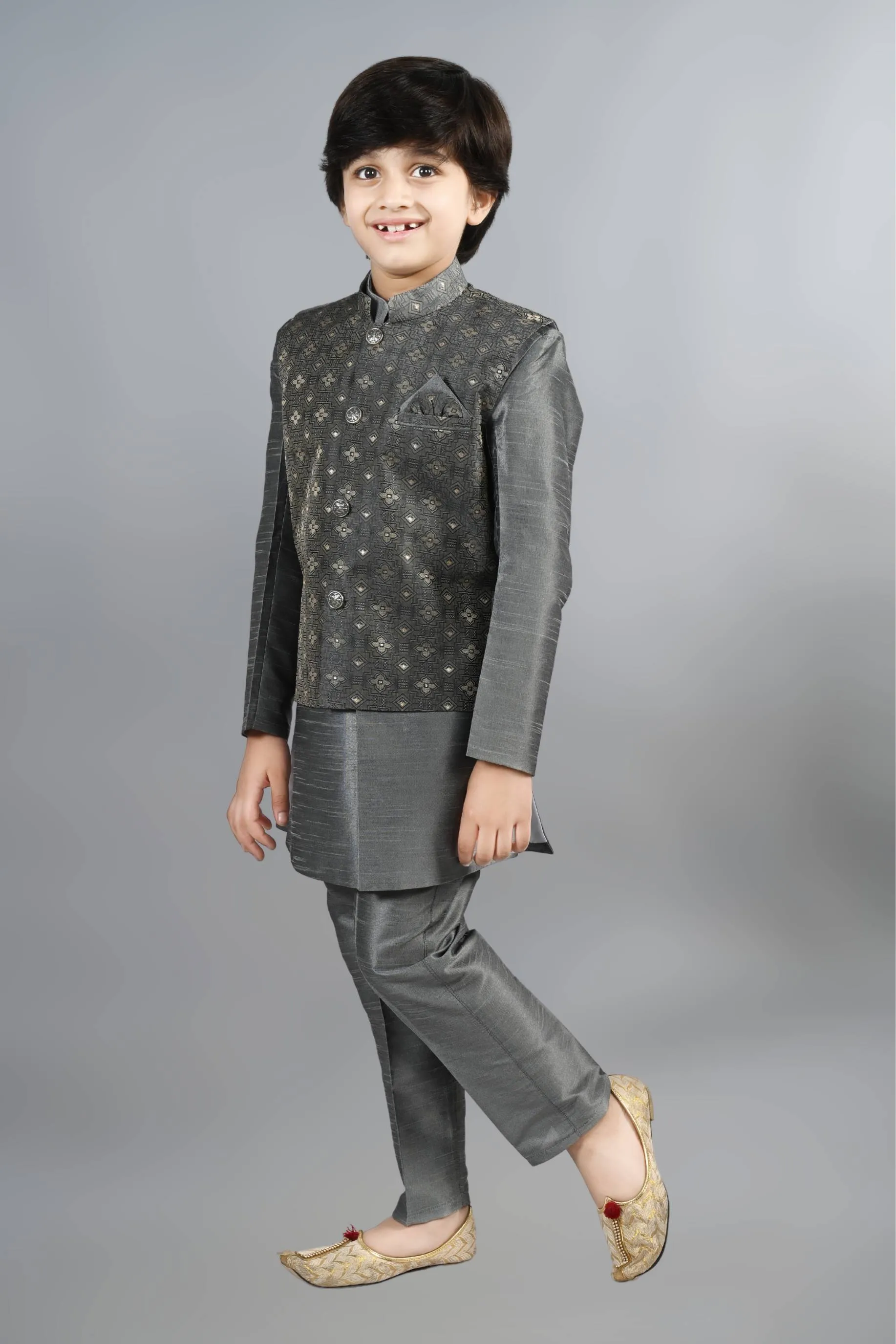 Ahhaaaa Kids Ethnic Silk Blend Waistcoat Kurta Pyjama 3 Piece Sherwani Set For Boys