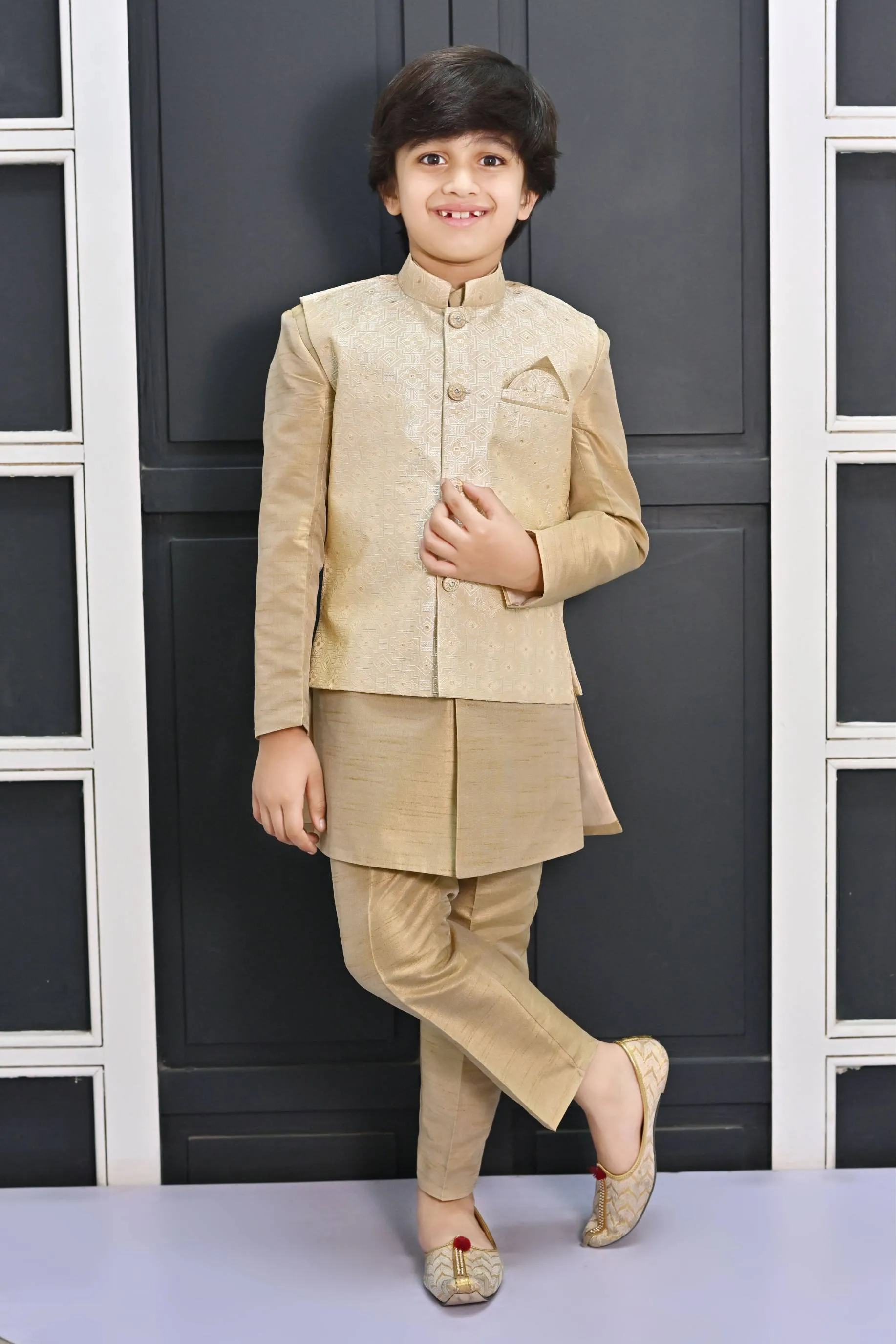 Ahhaaaa Kids Ethnic Silk Blend Waistcoat Kurta Pyjama 3 Piece Sherwani Set For Boys