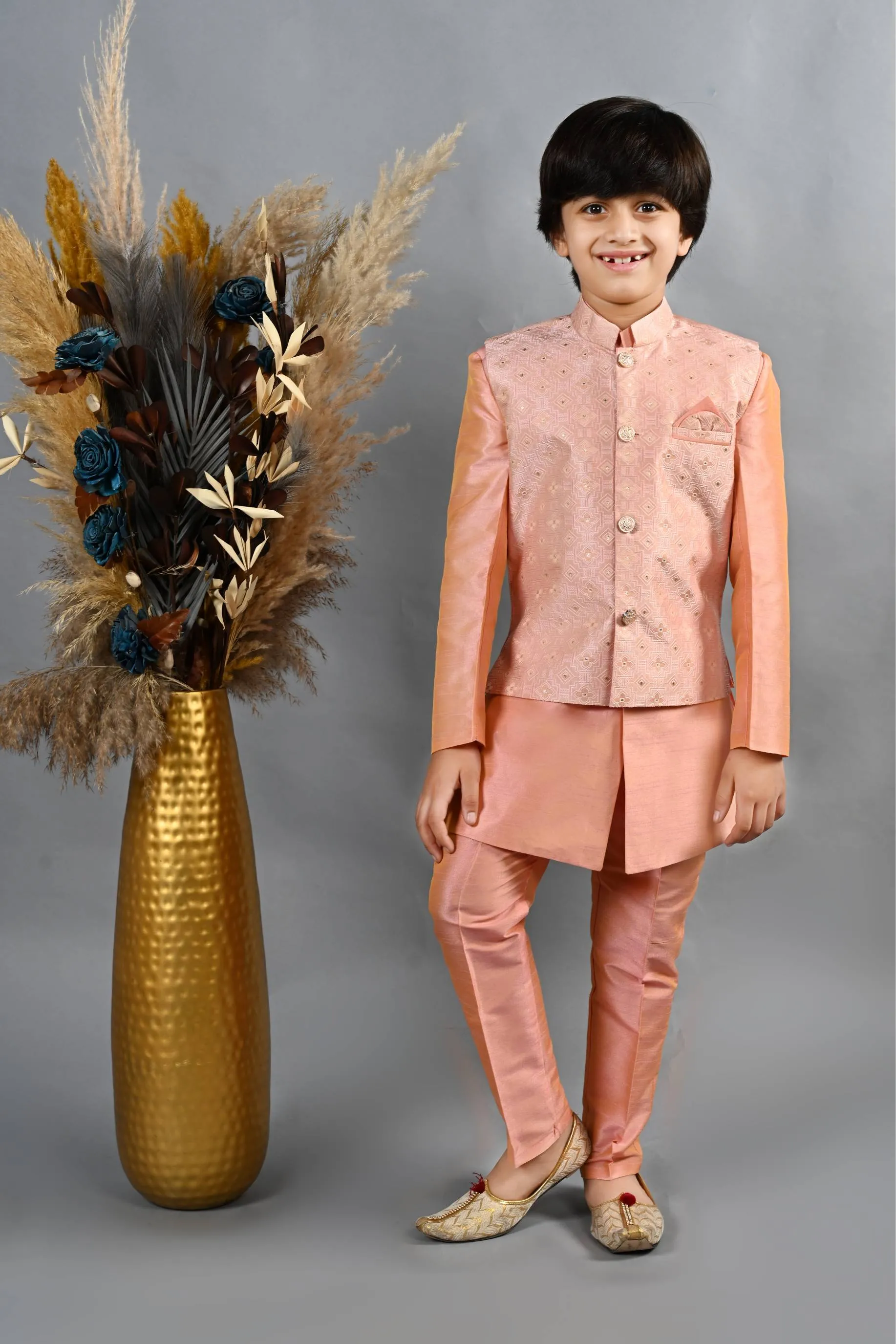 Ahhaaaa Kids Ethnic Silk Blend Waistcoat Kurta Pyjama 3 Piece Sherwani Set For Boys