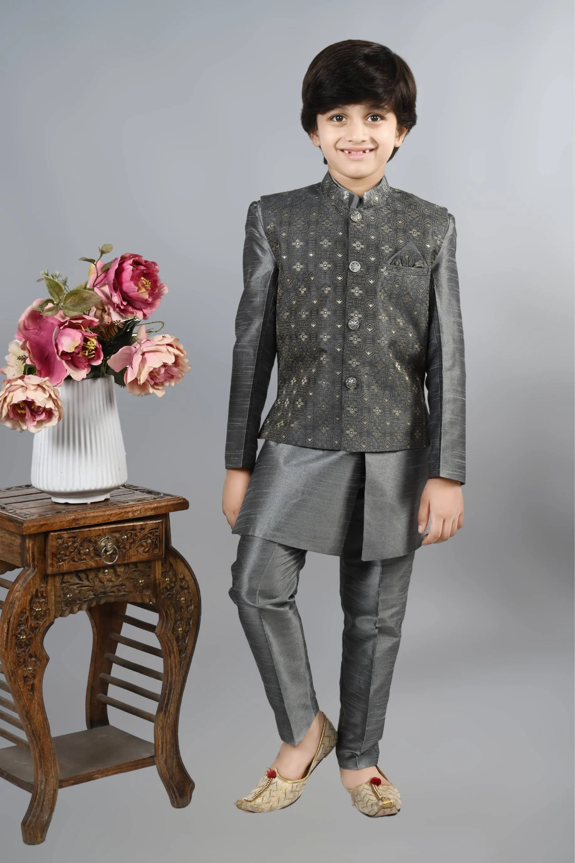 Ahhaaaa Kids Ethnic Silk Blend Waistcoat Kurta Pyjama 3 Piece Sherwani Set For Boys