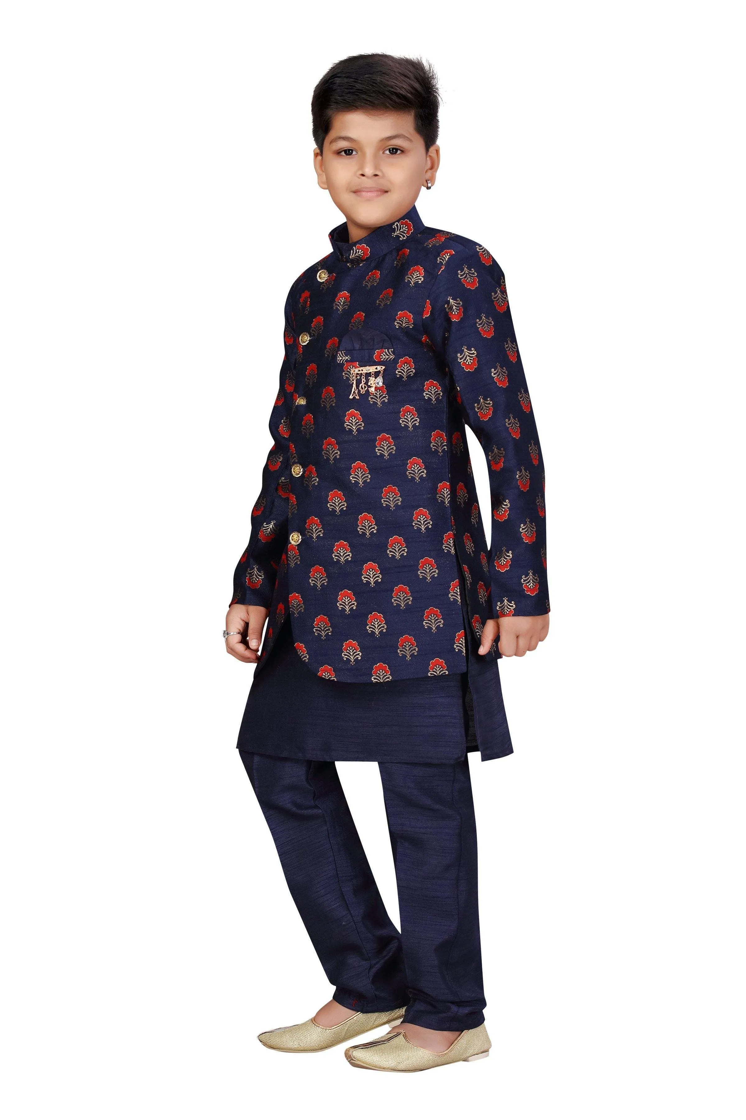 Ahhaaaa Kids Ethnic Wear Silk Kurta Pant with Indo Set for Boys