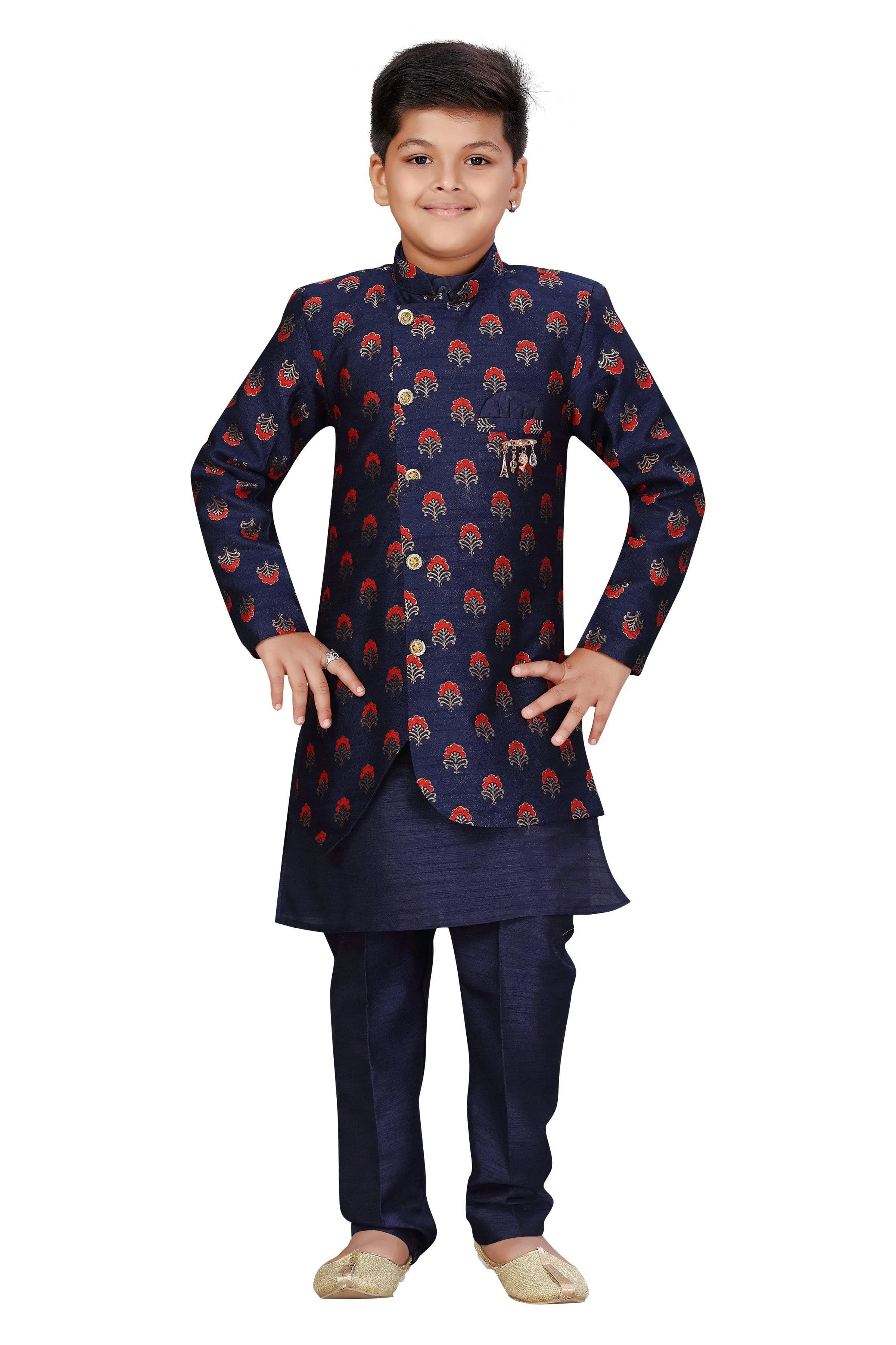 Ahhaaaa Kids Ethnic Wear Silk Kurta Pant with Indo Set for Boys