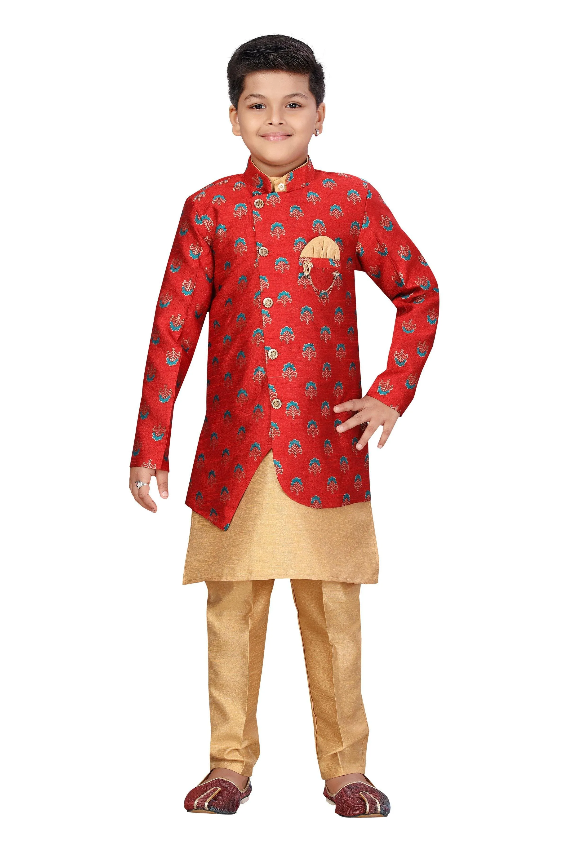 Ahhaaaa Kids Ethnic Wear Silk Kurta Pant with Indo Set for Boys