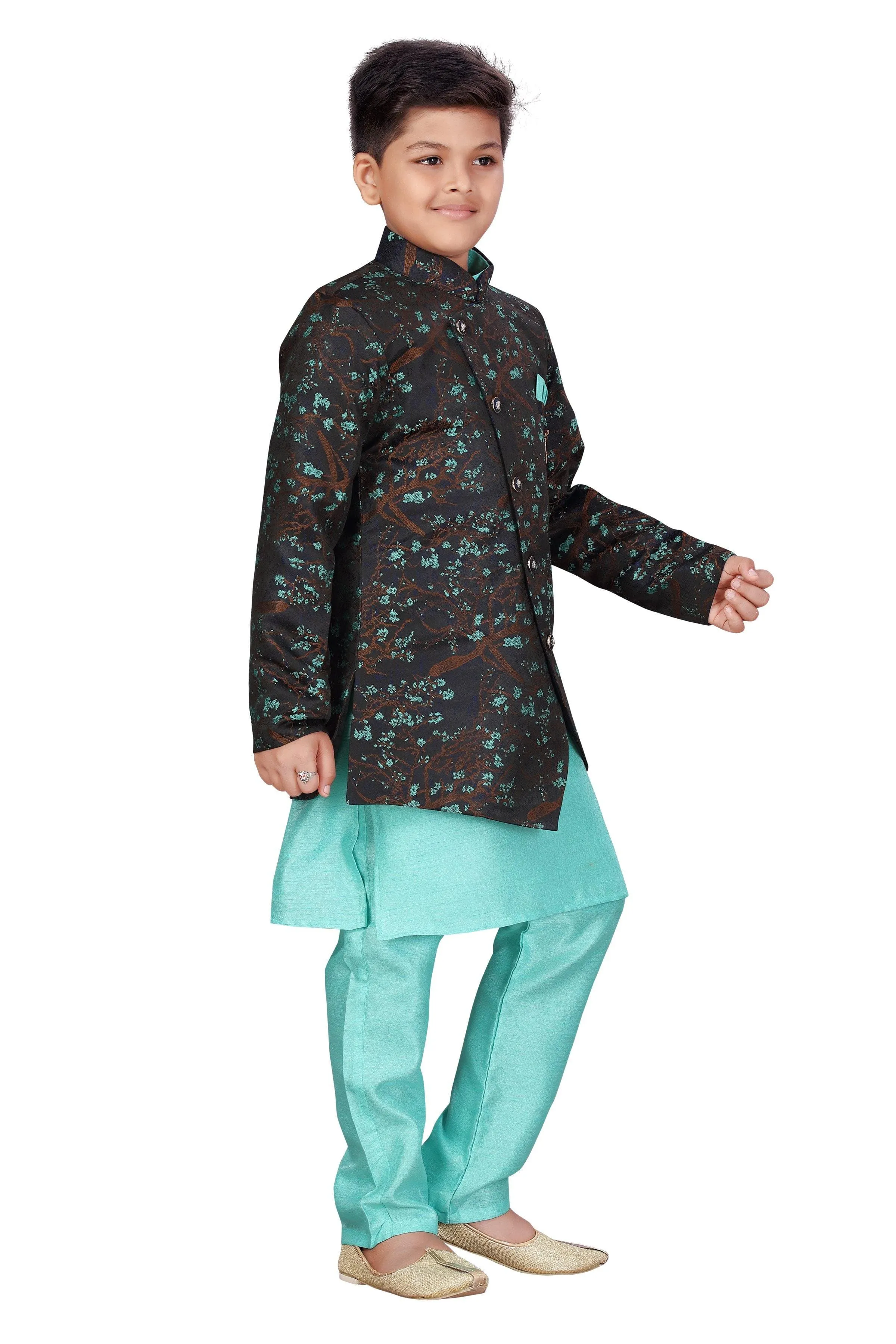 Ahhaaaa Kids Ethnic Wear Silk Kurta Pant with Indo Set for Boys