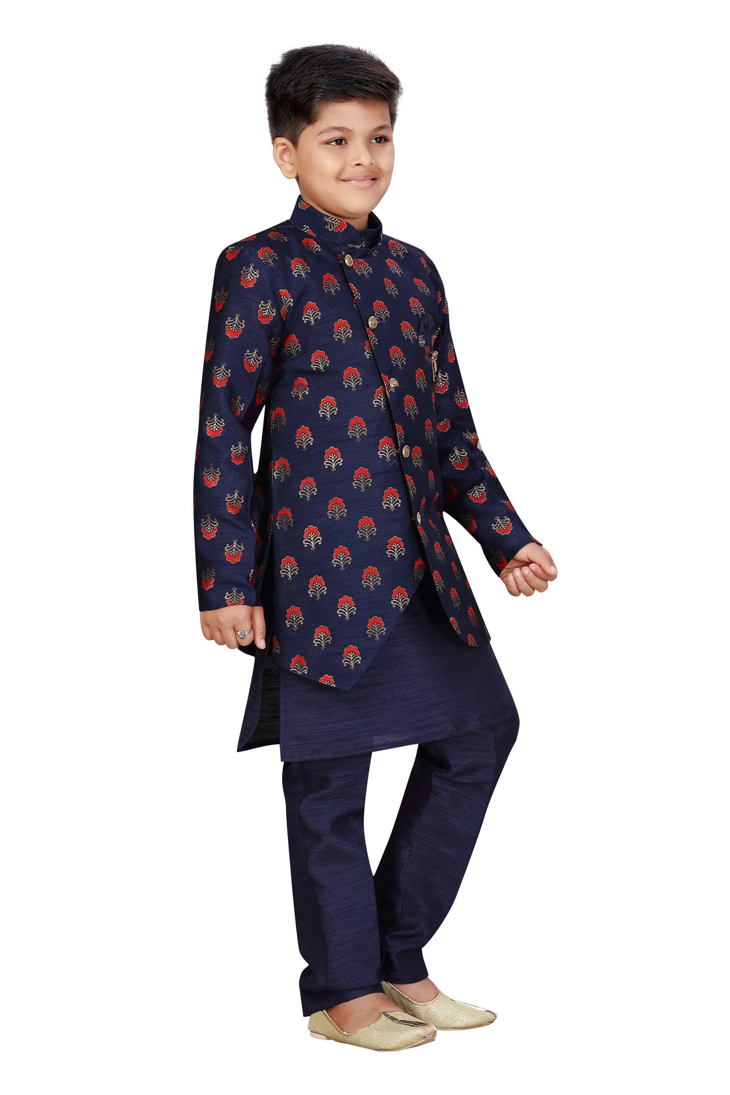 Ahhaaaa Kids Ethnic Wear Silk Kurta Pant with Indo Set for Boys