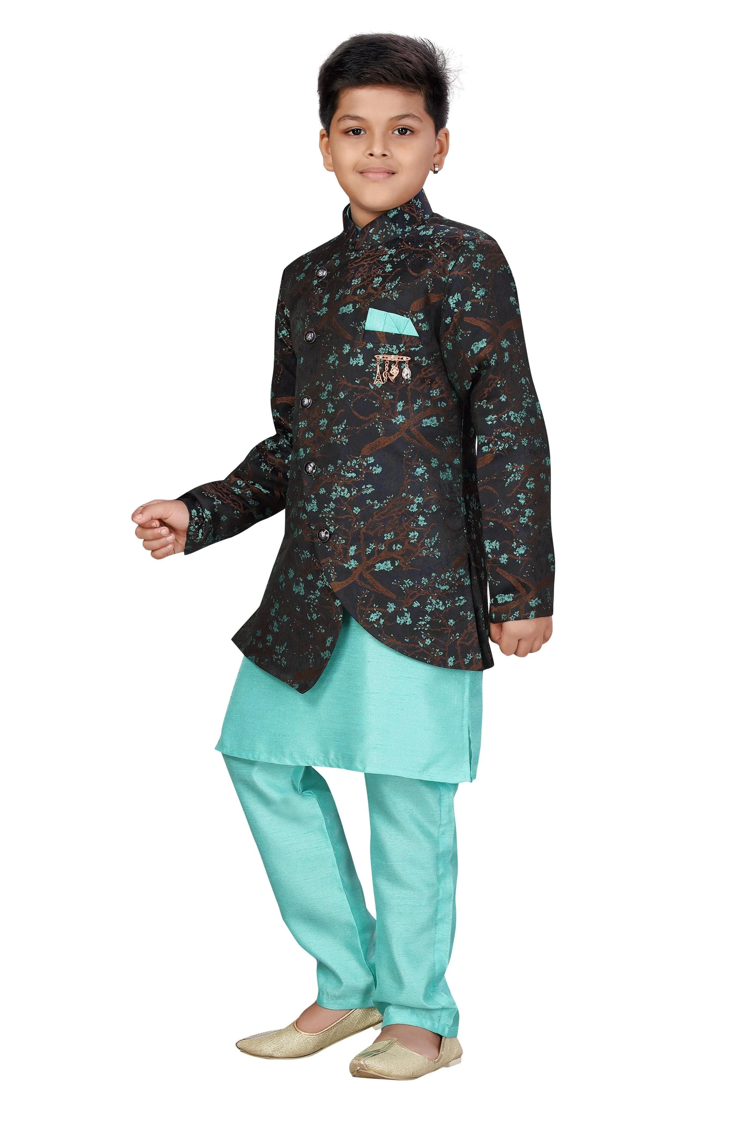 Ahhaaaa Kids Ethnic Wear Silk Kurta Pant with Indo Set for Boys