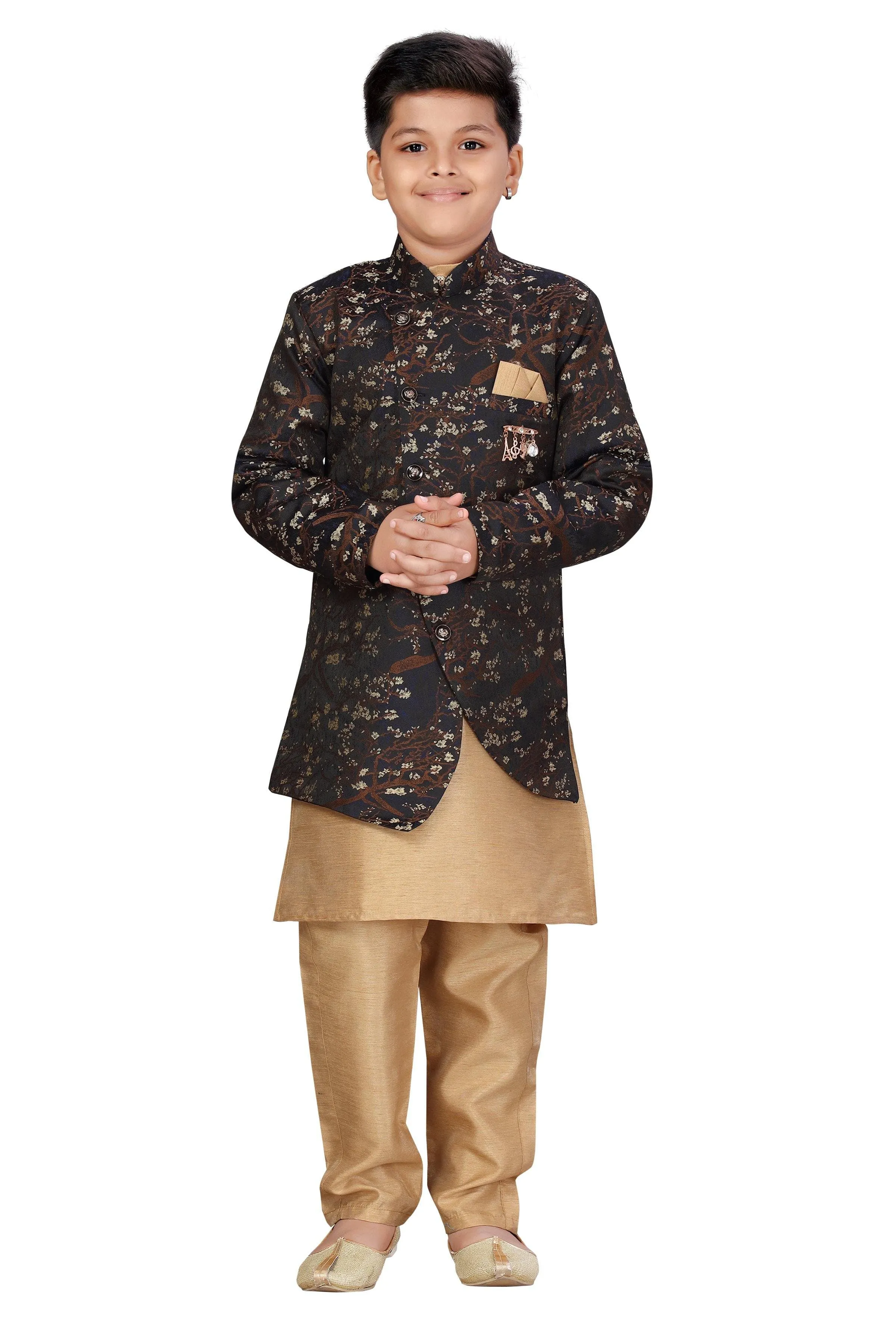 Ahhaaaa Kids Ethnic Wear Silk Kurta Pant with Indo Set for Boys