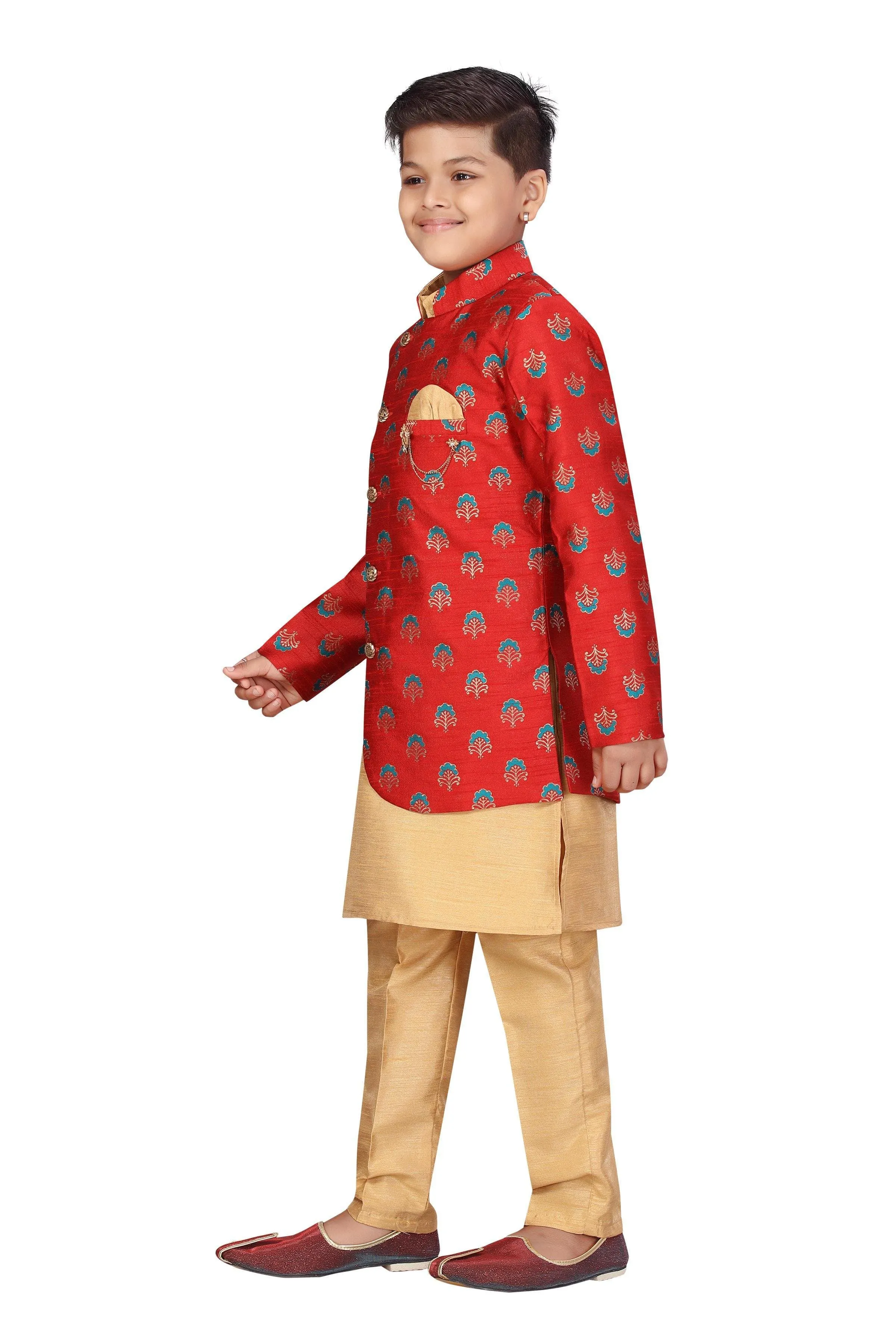 Ahhaaaa Kids Ethnic Wear Silk Kurta Pant with Indo Set for Boys