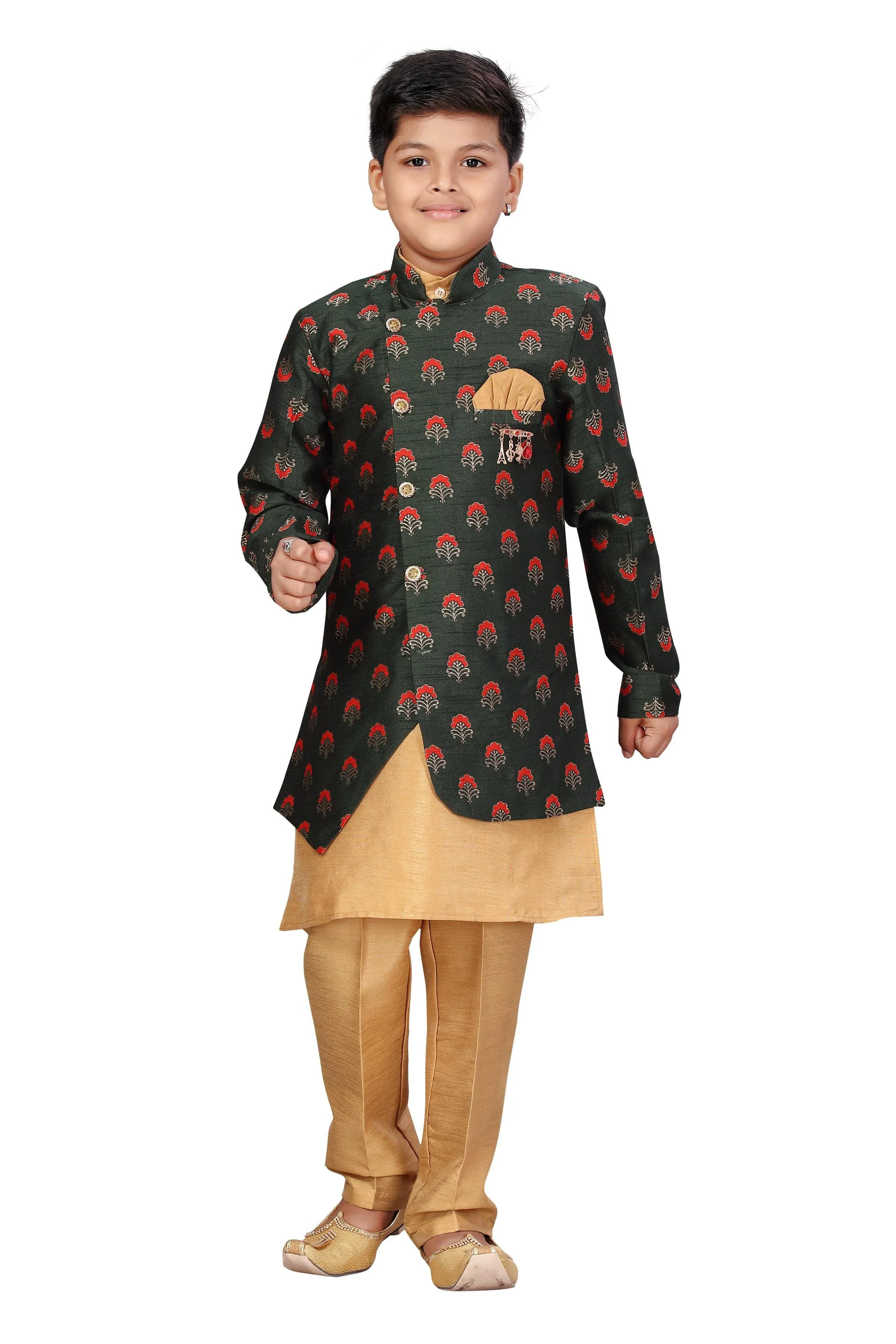 Ahhaaaa Kids Ethnic Wear Silk Kurta Pant with Indo Set for Boys