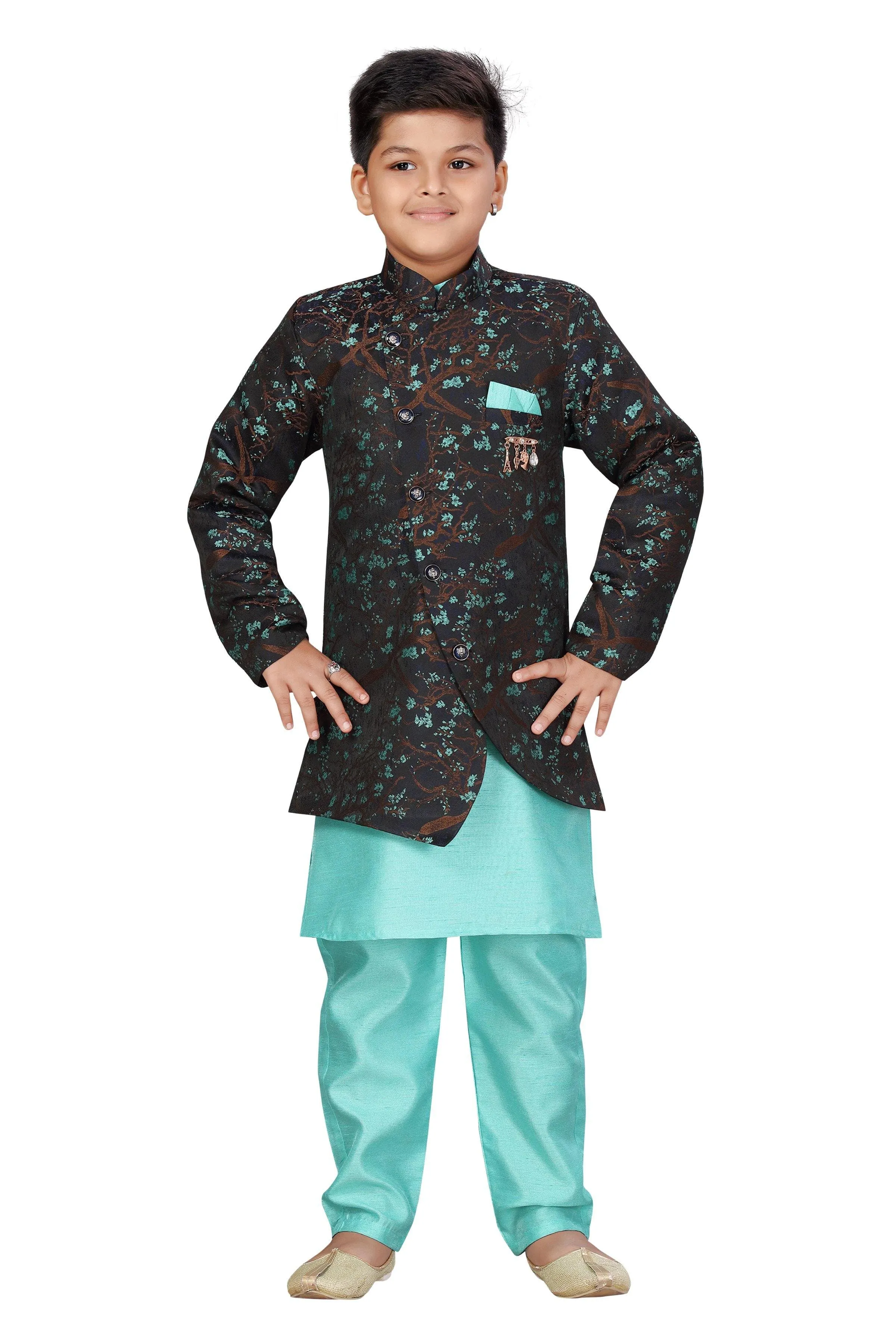 Ahhaaaa Kids Ethnic Wear Silk Kurta Pant with Indo Set for Boys