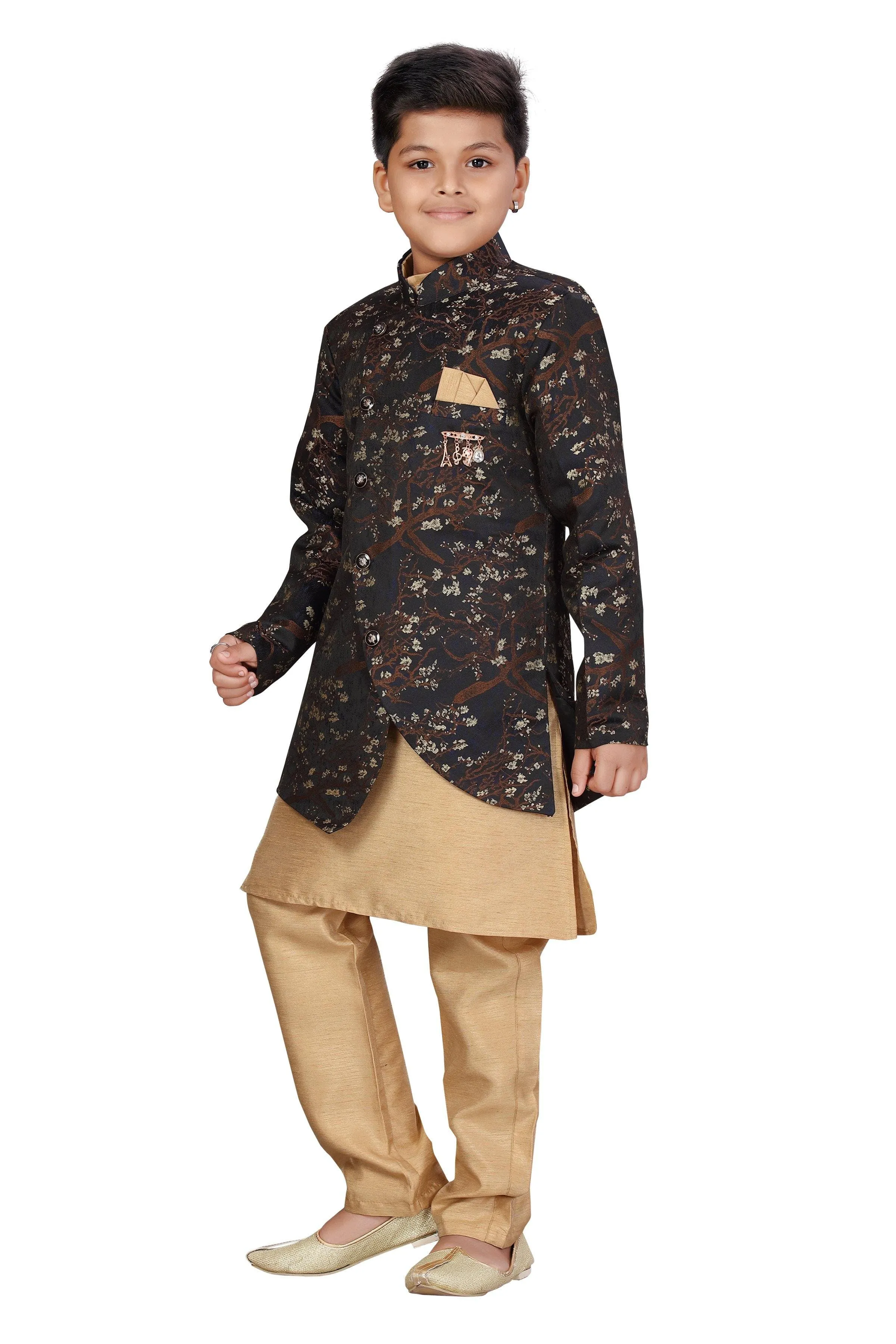 Ahhaaaa Kids Ethnic Wear Silk Kurta Pant with Indo Set for Boys