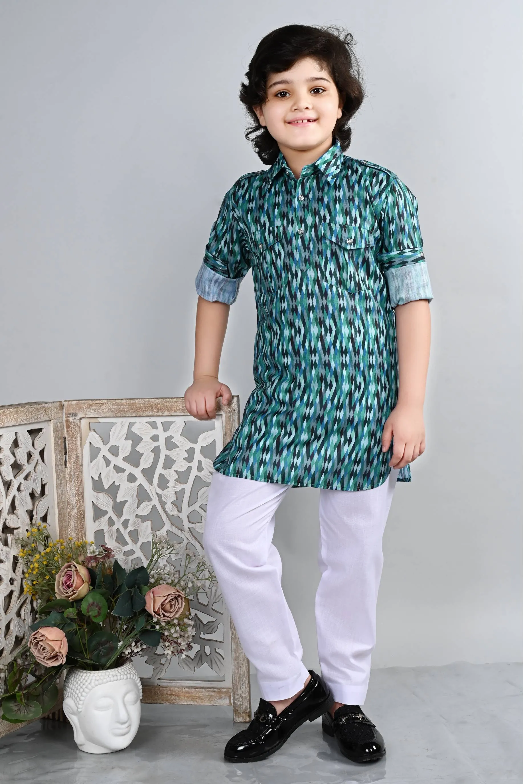 Ahhaaaa Kid's Indian Ethnic Wear Floral Printed Kurta and Patiala Set for Boys