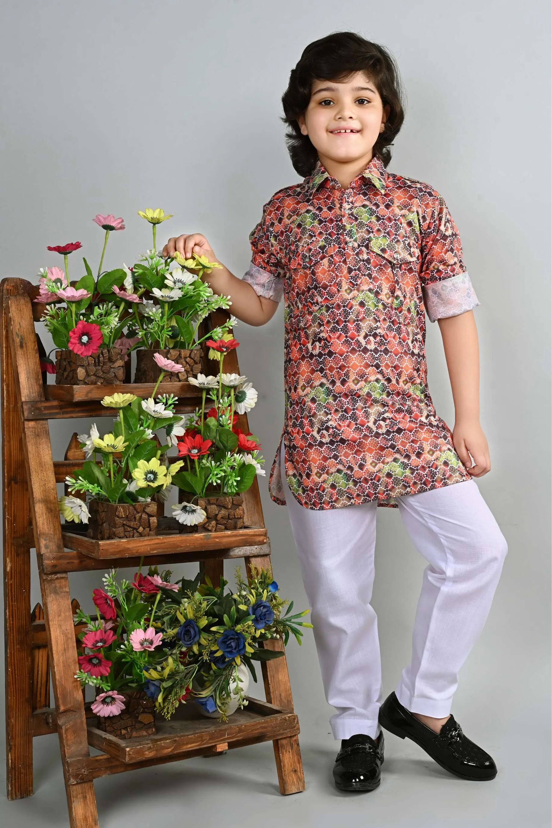 Ahhaaaa Kid's Indian Ethnic Wear Floral Printed Kurta and White Patiala Set for Boys