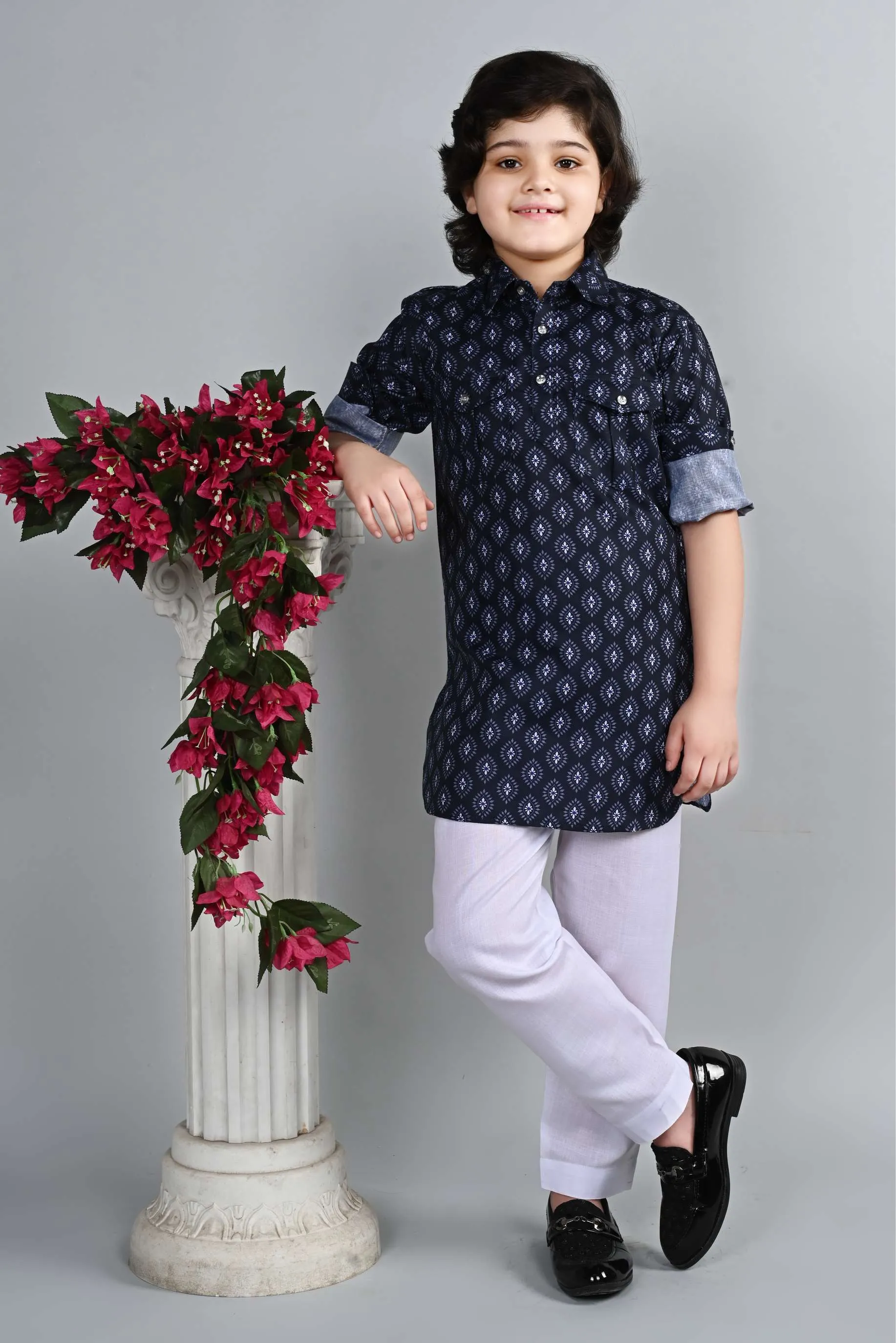 Ahhaaaa Kid's Indian Ethnic Wear Floral Printed Kurta and White Patiala Set for Boys