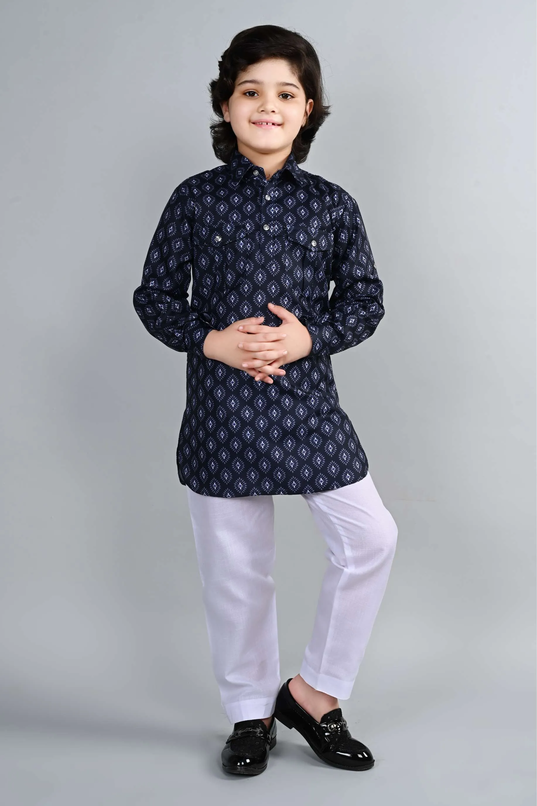 Ahhaaaa Kid's Indian Ethnic Wear Floral Printed Kurta and White Patiala Set for Boys