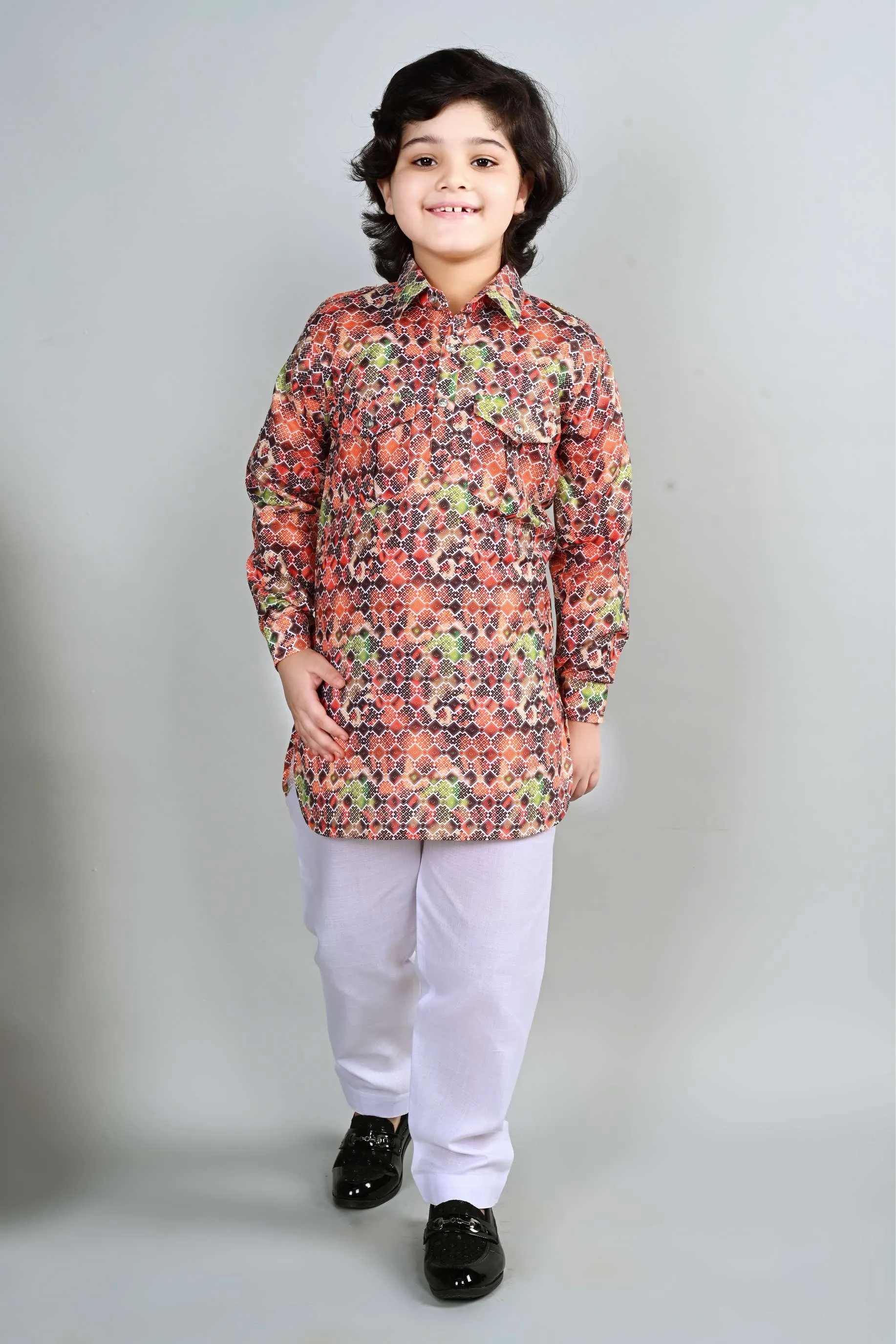 Ahhaaaa Kid's Indian Ethnic Wear Floral Printed Kurta and White Patiala Set for Boys