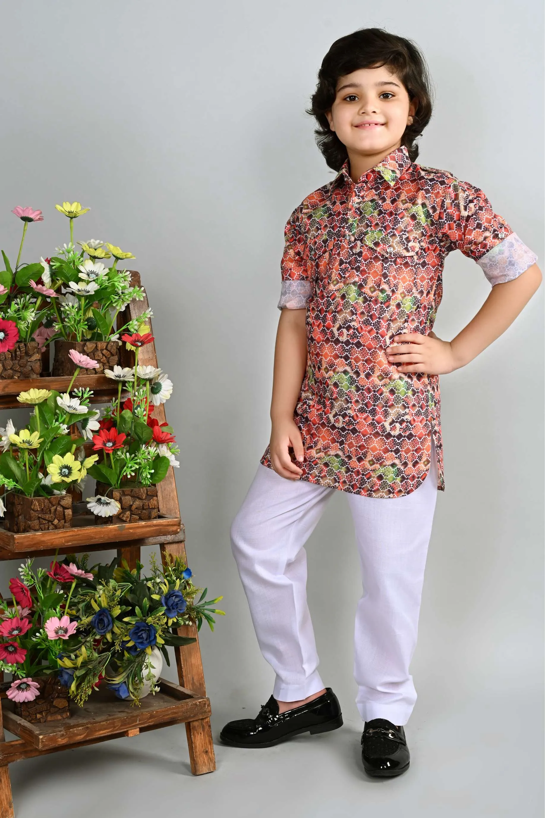 Ahhaaaa Kid's Indian Ethnic Wear Floral Printed Kurta and White Patiala Set for Boys