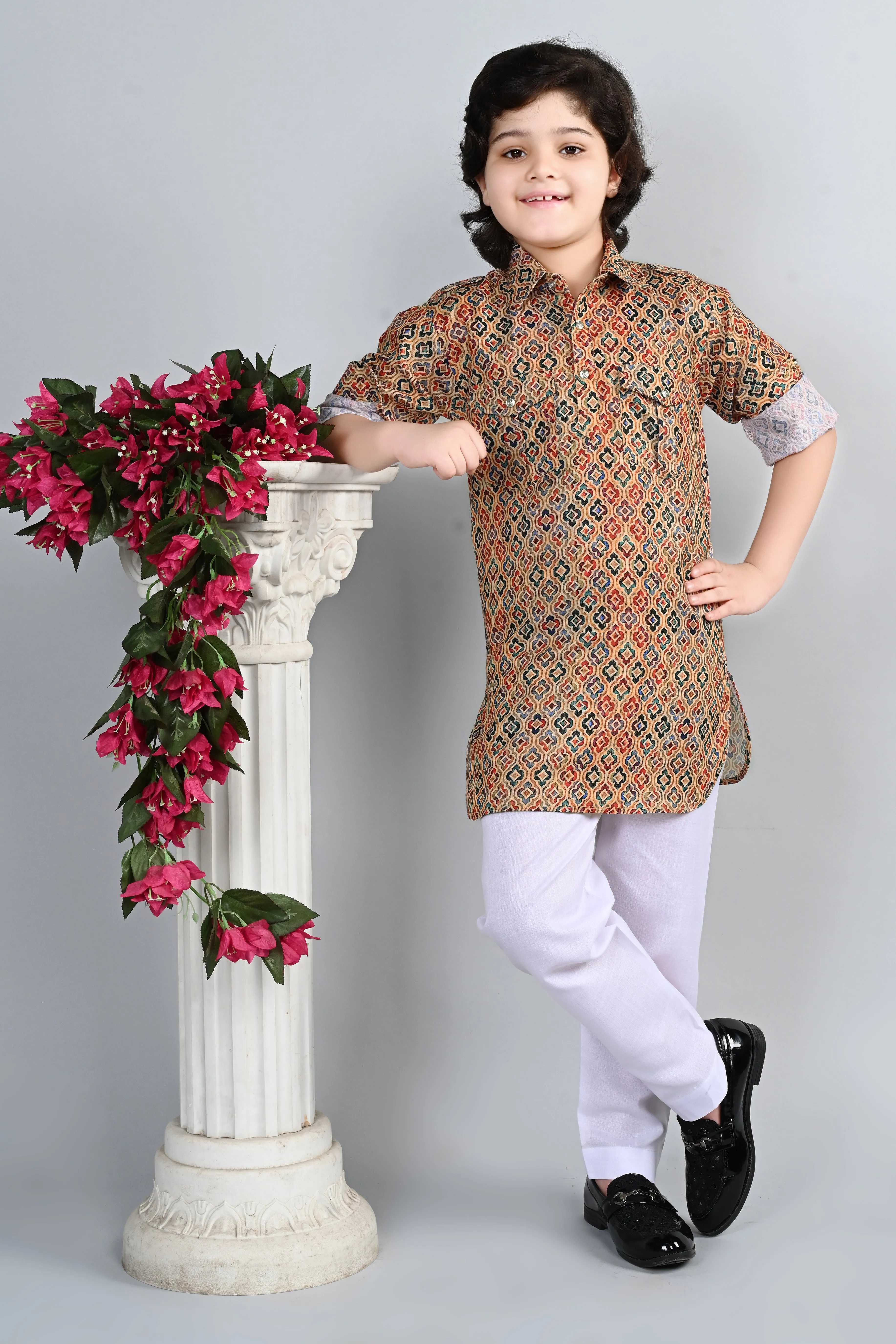 Ahhaaaa Kid's Indian Ethnic Wear Floral Printed Kurta and White Patiala Set for Boys