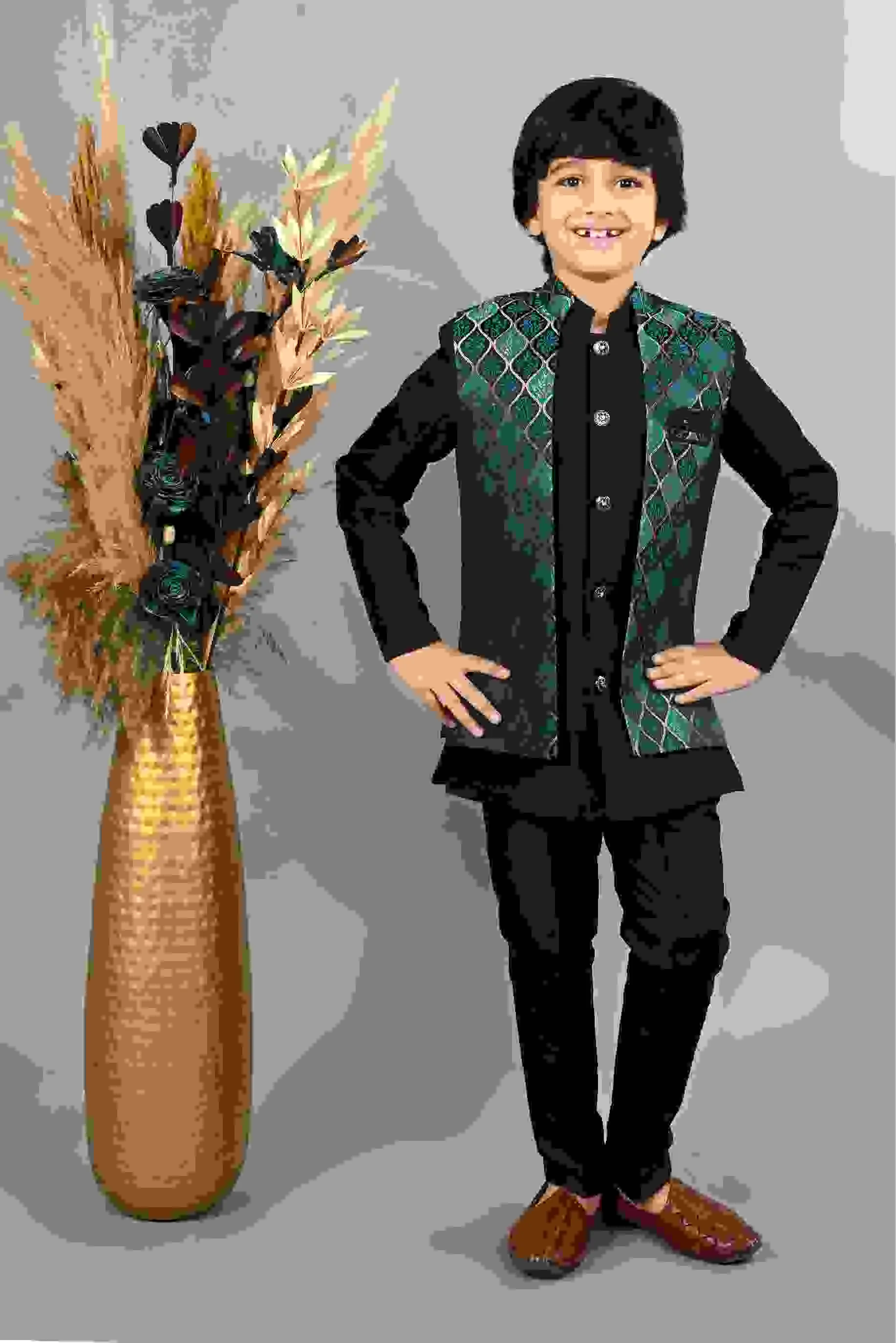 Ahhaaaa Kids Silk Blend Waistcoat, Kurta Pyjama 3 Piece Sherwani Set For Boys