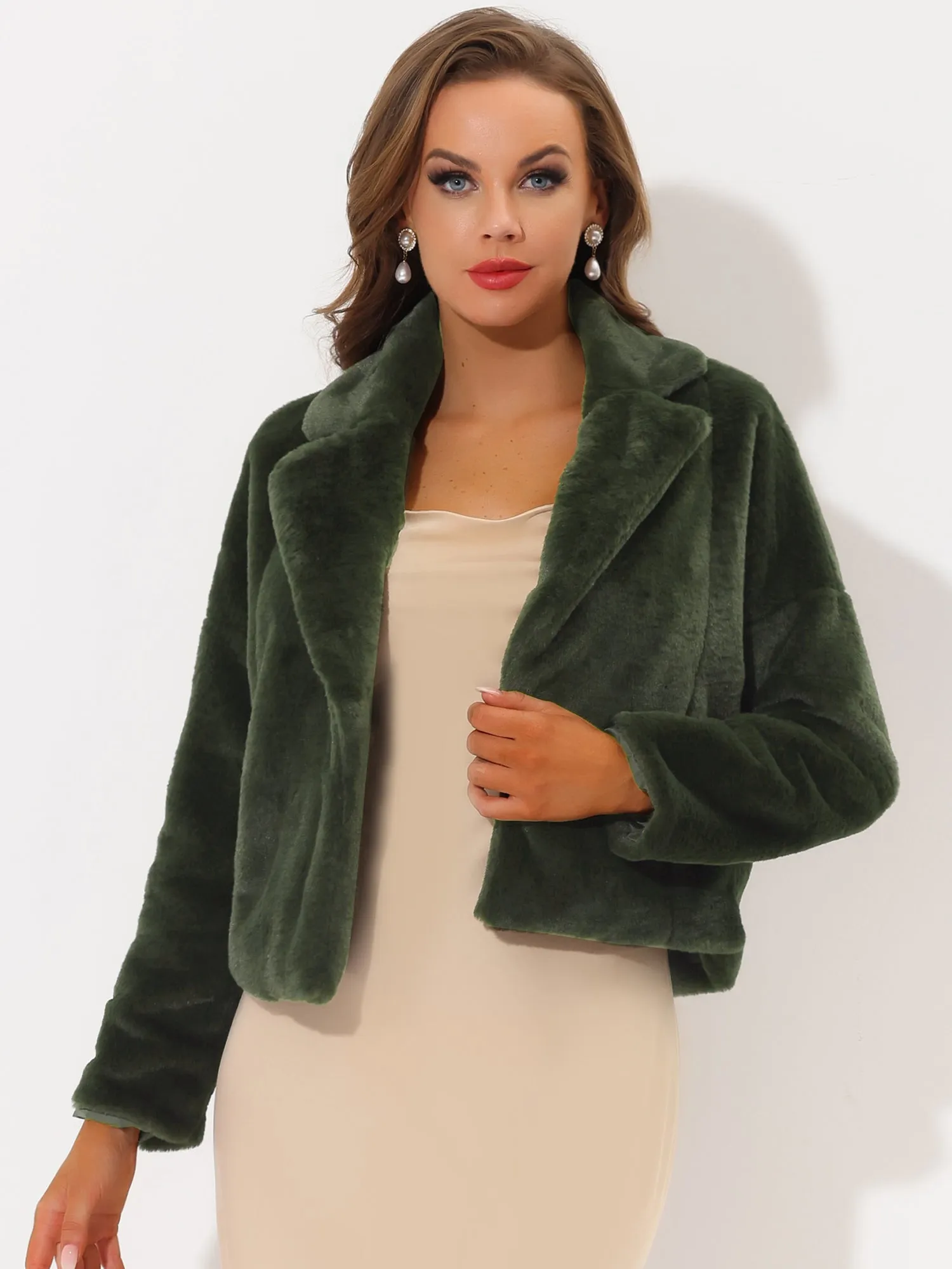 Allegra K Cropped Jacket Notch Lapel Faux Fur Fluffy Coat